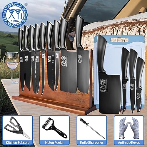 Miniatura 7 de XYJ Juego de cuchillos profesionales para maestros chefs, carnicero de carnicero para acampar, juego de cuchillos de chef con bloque magnético de