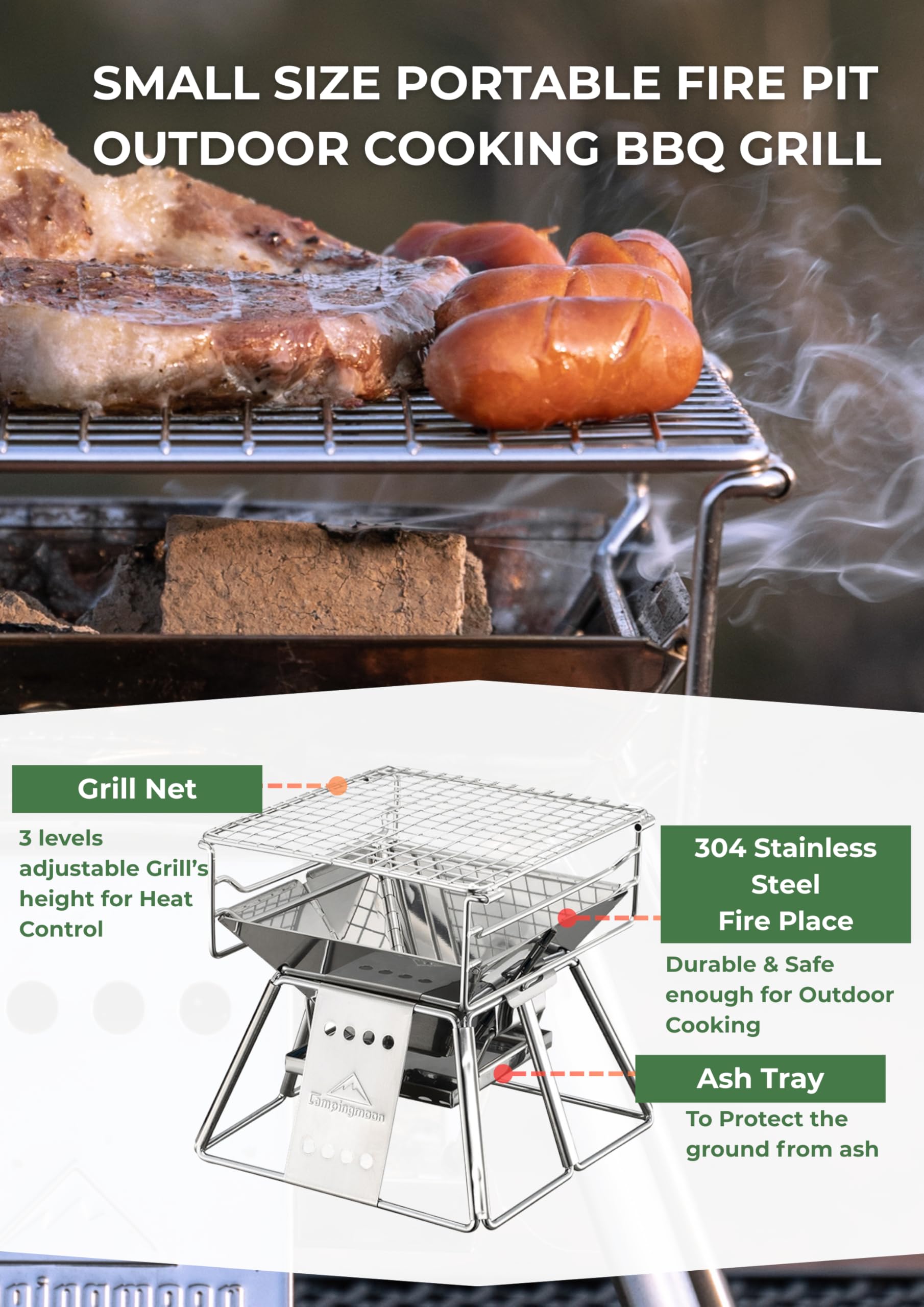 CAMPINGMOON Mały rozmiar przenośny grill stołowy ze stali nierdzewnej z torbą do przenoszenia X-MINI