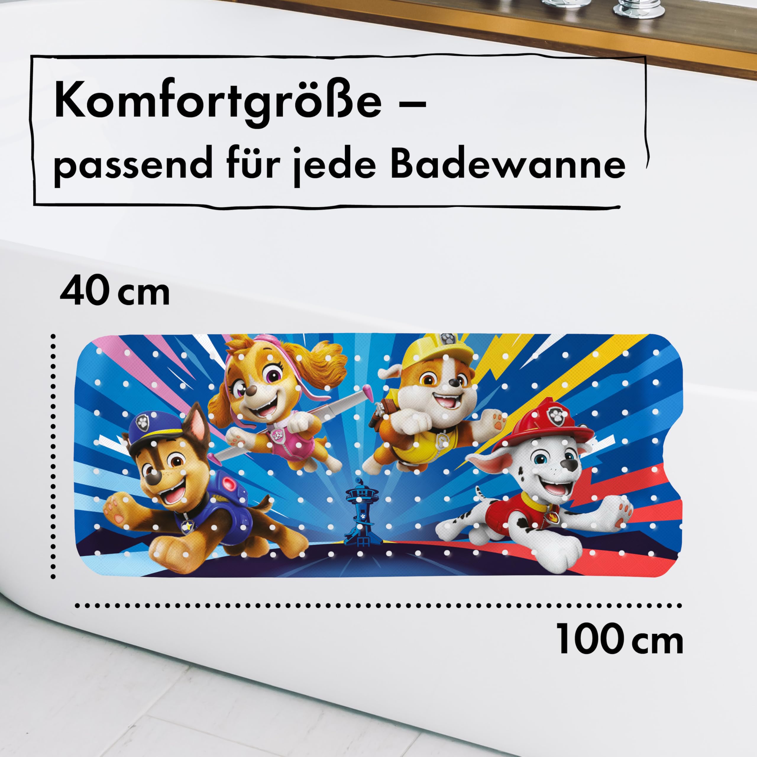 PAW Patrol Alfombrilla de baño antideslizante para niños, antimoho, antibacteriana, con ventosas, ganchos y agujeros de drenaje, 100 x 40 cm