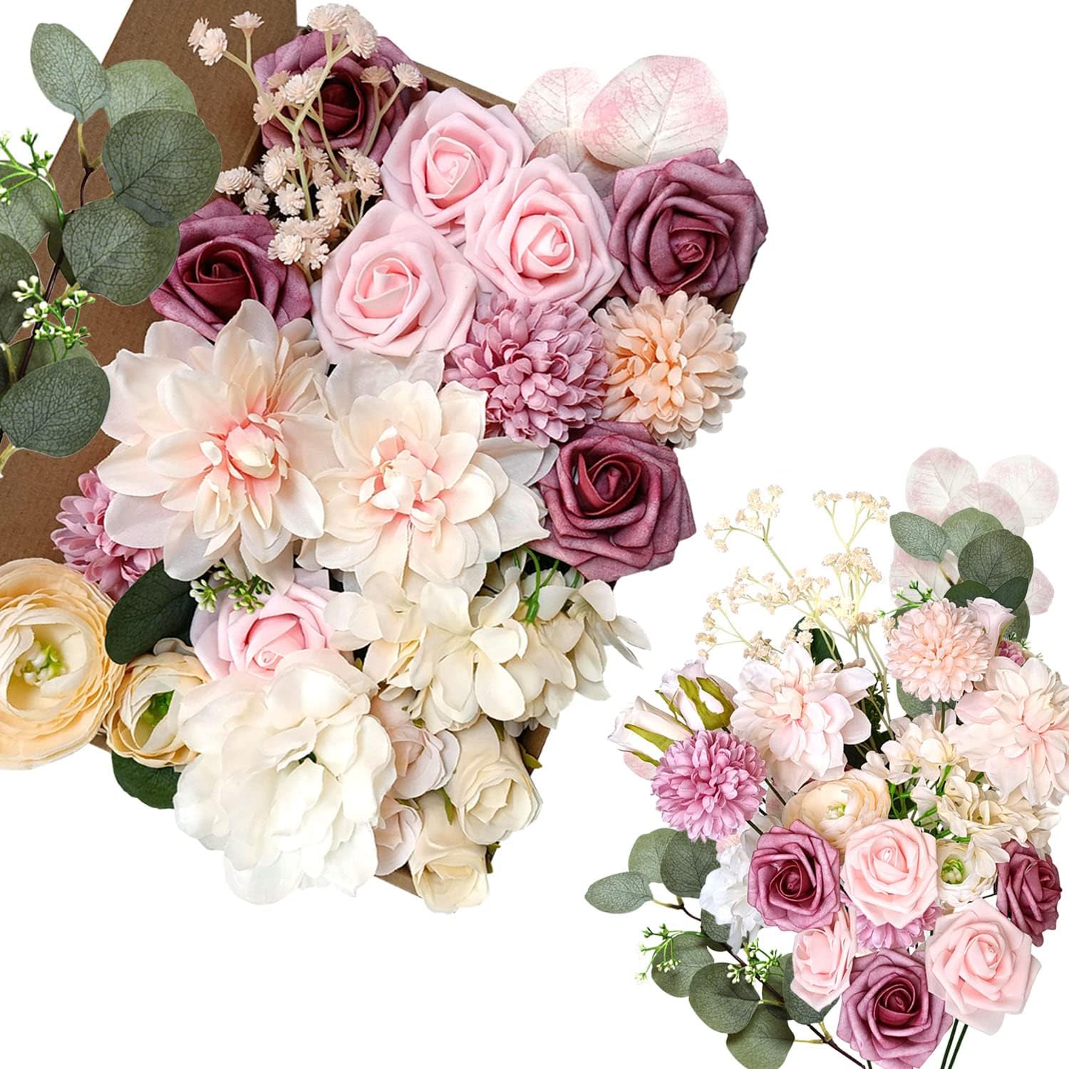 OrgMemory Artificial Flowers, Dusty Rose Faux Flowers Combo for Floral Arrangements Bouquets Wedding Decor (Champagne Dusty Pink)