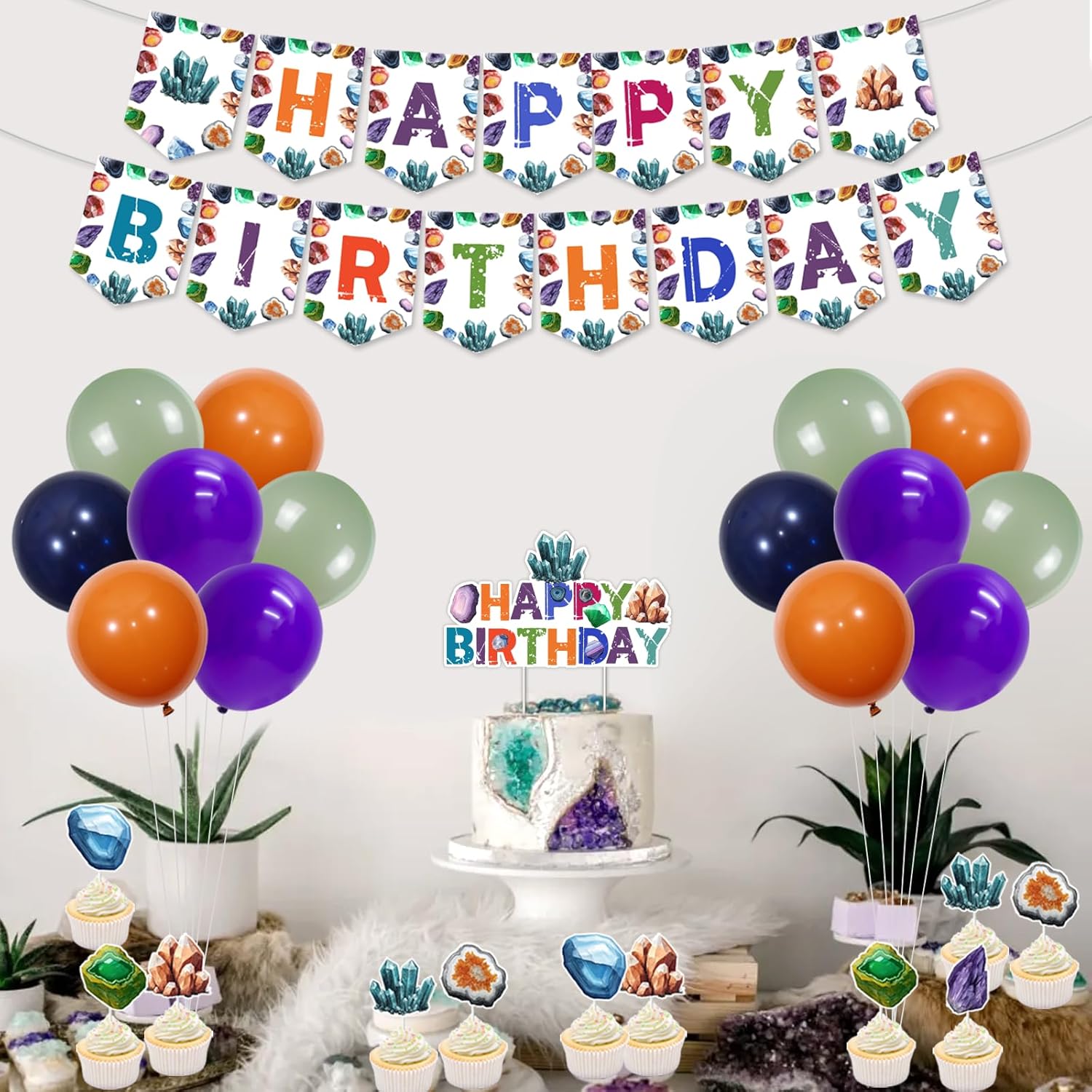 Crystal Theme Birthday Decorations with Happy Birthday Banner Cake Cupcake Toppers Backdrop for Geology Bday Baby Shower Decoration