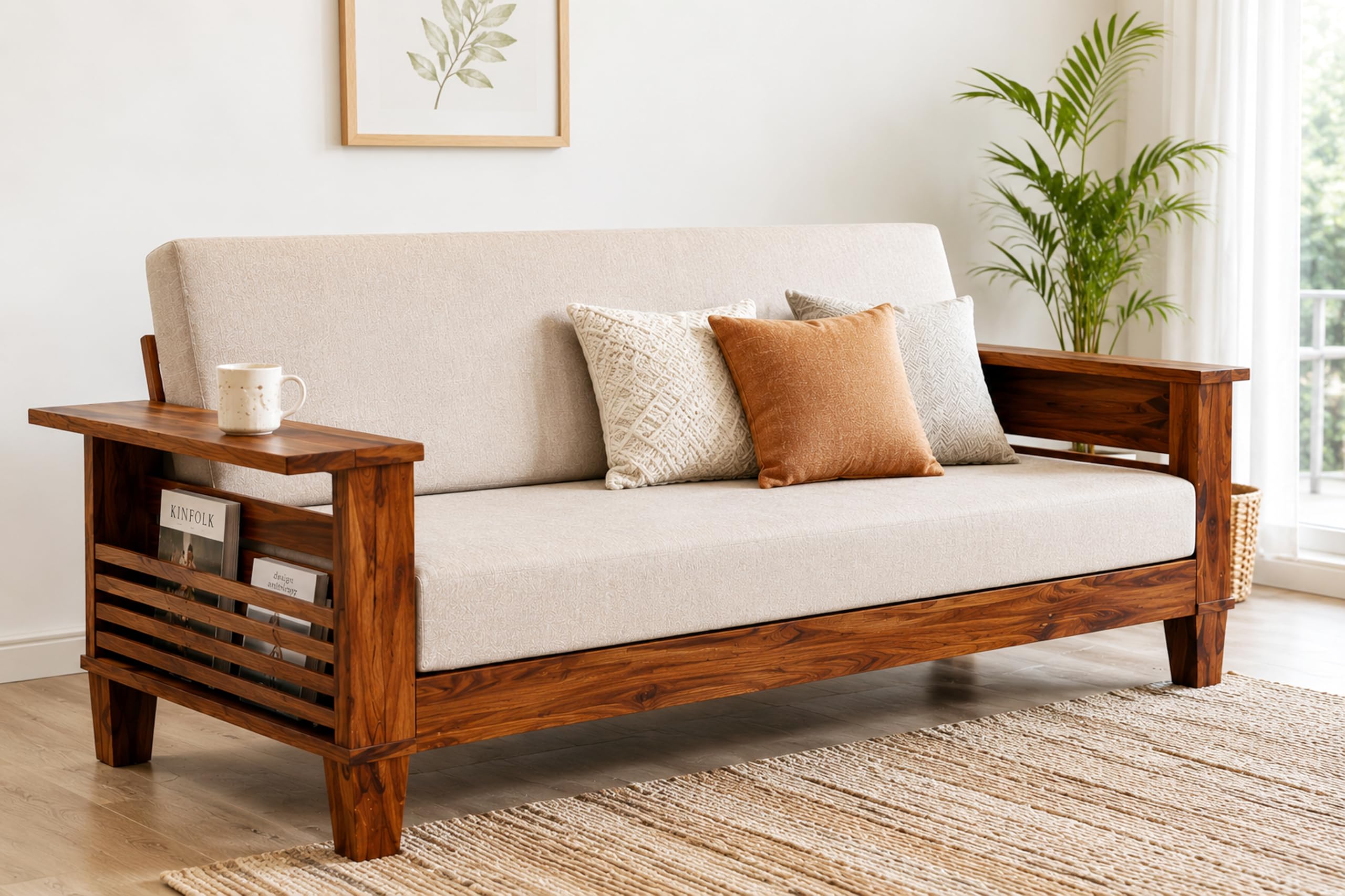 Solid Sheesham Wood Sofa Cum Bed with Side Storage and Extandable Arm Rest | Multipurpose Wooden 3 Seater Sofa Bed with Cushioned Seating for Residential & Commercial Use | Honey Finish