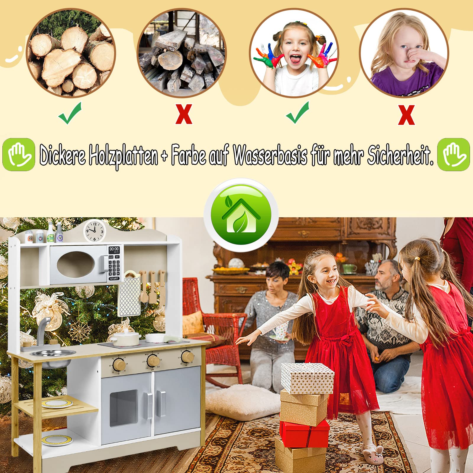 Spielküche Matschküche Holz Kinderküche, Küchenspielzeug für Kinder Küchenset mit Komplett Zubehör, 65x24x85cm (Typ A)