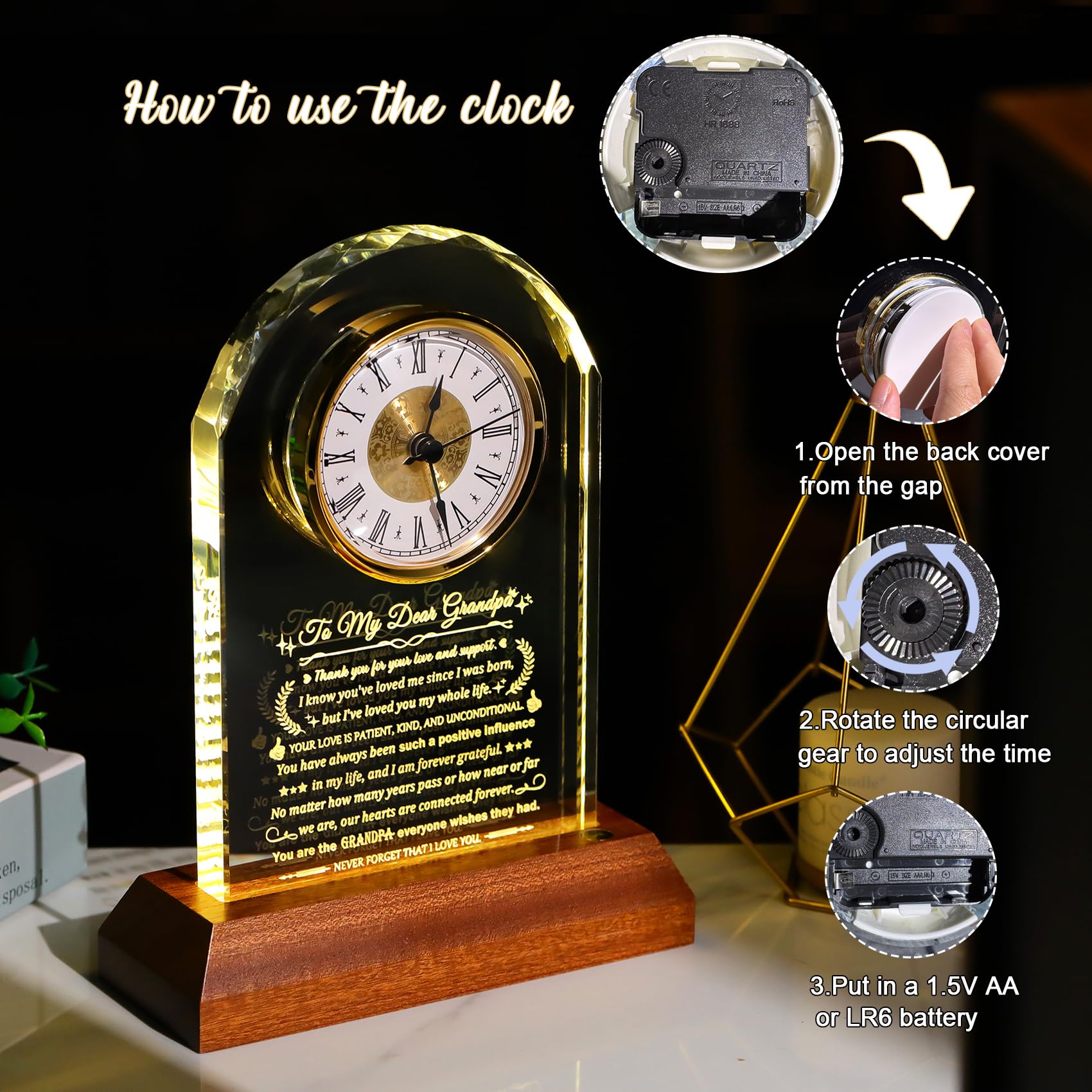 Arikyrist Regalos para abuelo de parte de nieta, reloj de cristal para abuelo, regalo de cumpleaños con base de luz de madera, regalos para el mejor abuelo de parte del nieto, recuerdos de Navidad