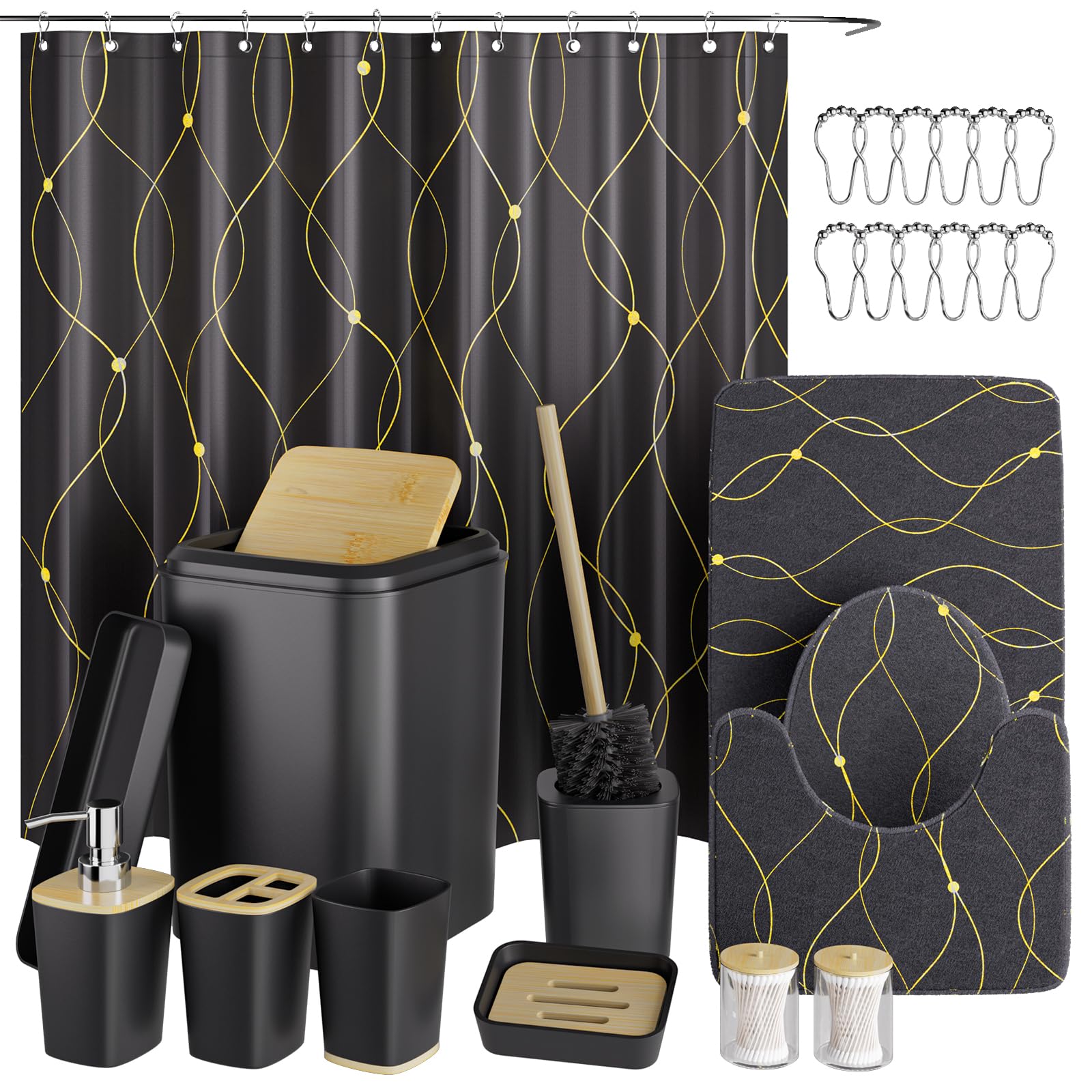 XLHOMO Black and Gold Bathroom Accessories Set - 24PCS with Shower Curtain, Rugs, and Waterproof Curtain Set