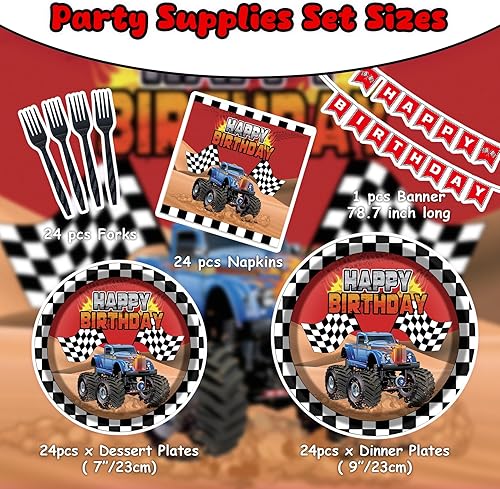 Miniatura 2 de 97 piezas de suministros de fiesta de camiones monstruo, para fiestas de cumpleaños de niños, decoración de fiestas de baby shower, sirve para 24