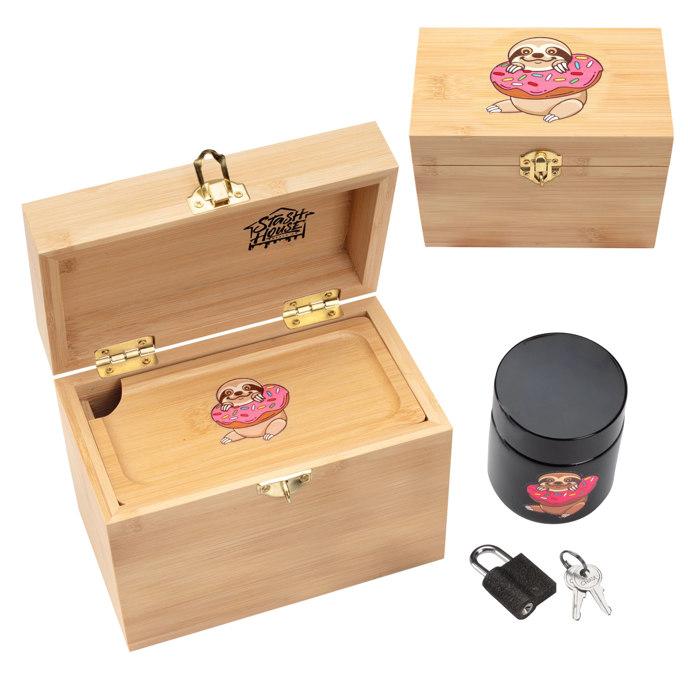 Sloth Donut Stash Box Set - 100% Bamboo with UV Glass Jar, Padlock & Metal Tray - Adorable Sloth Design for Style and Functionality