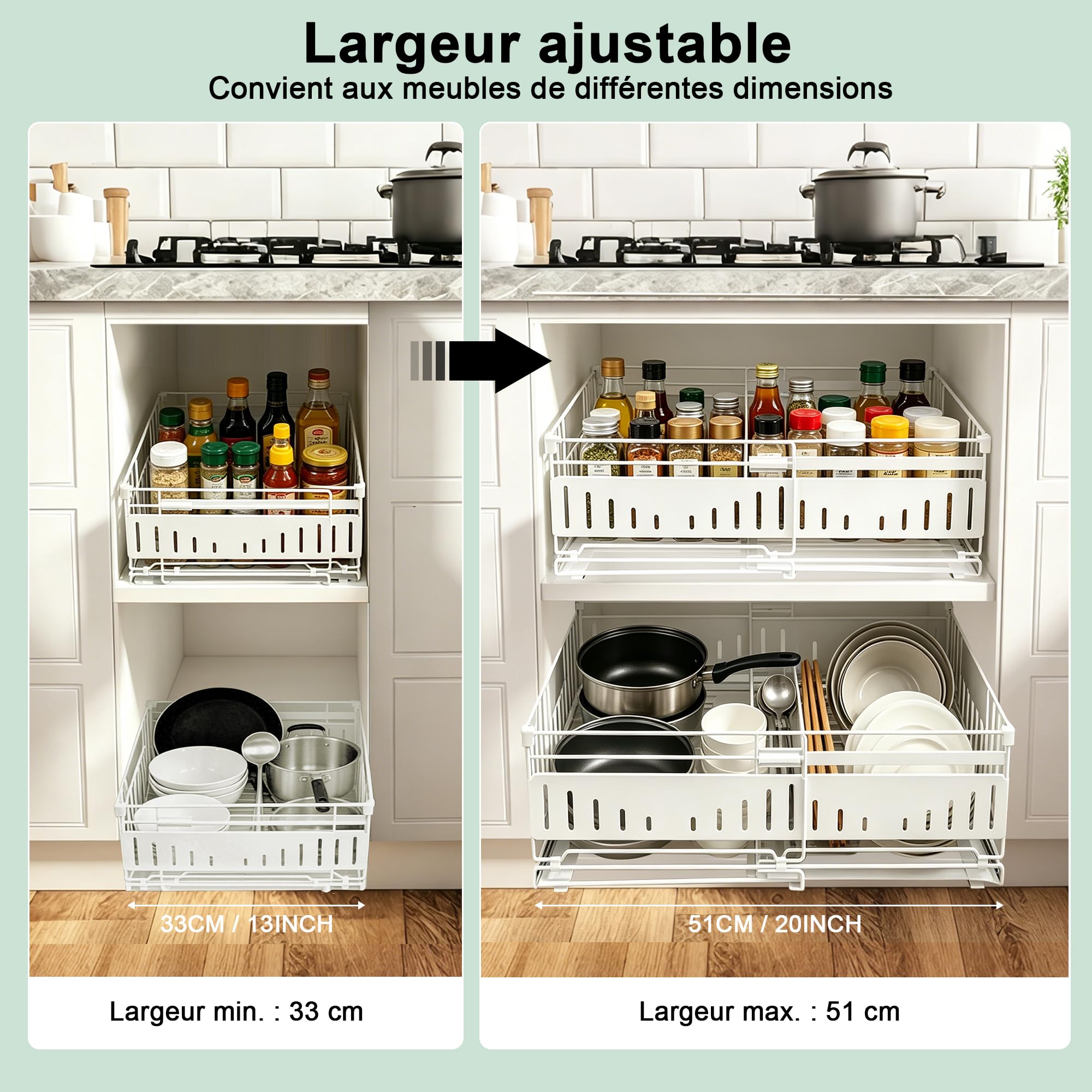 Lot de 2 Tiroir Coulissant pour Cuisine, Tiroir Télescopique avec Tapis de Tiroir inclus, Largeur Réglable de 33 à 51 cm, Organizer pour Placard de Cuisine sans Perçage, (Blanc)