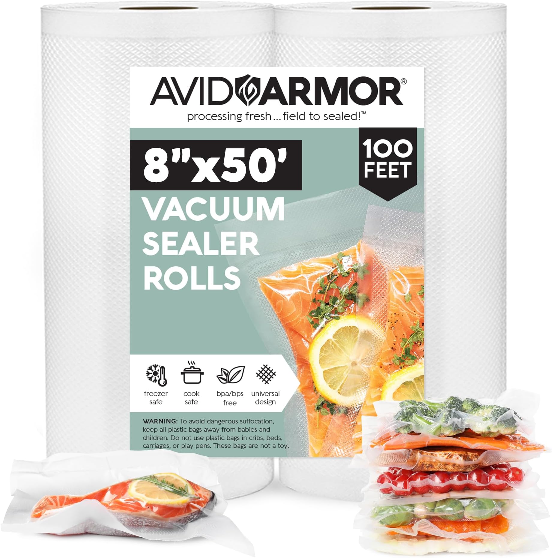 Avid Armor Vacuum Seal Rolls, 8" x 50' Clear BPA-Free Food Storage Bags, Works with All Vacuum Sealers, 2 Rolls Pack