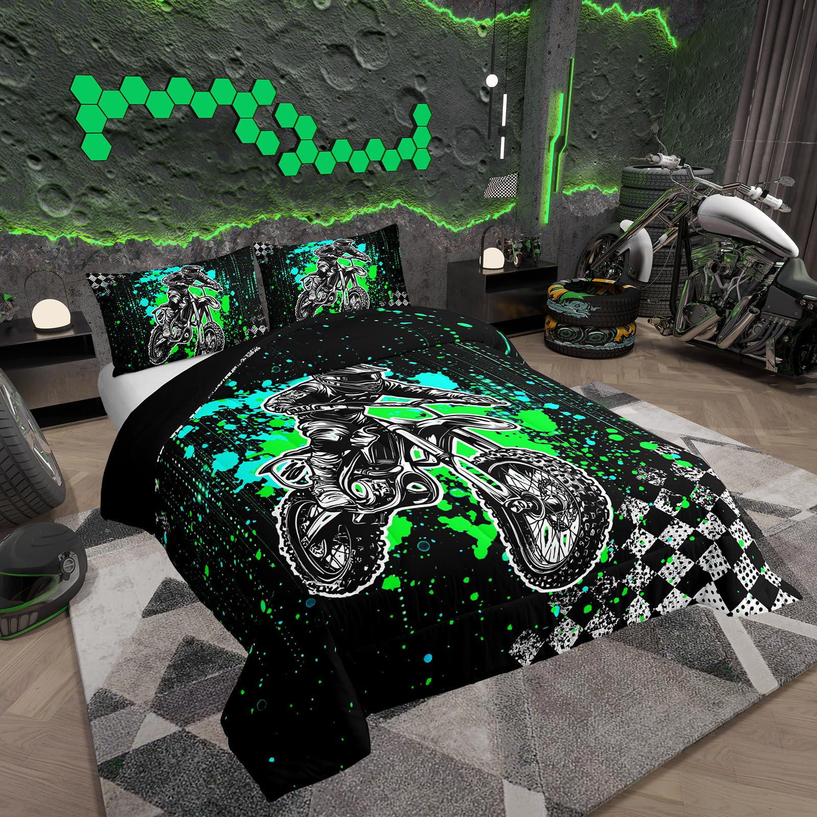 Feelyou Kids Dirt Bike Comforter Set,Racing Motocross Rider Bedding Set Twin Size,Boys Teens Bedroom Room Decor,Extreme Sports Comforter,Motorcycle Bed Set