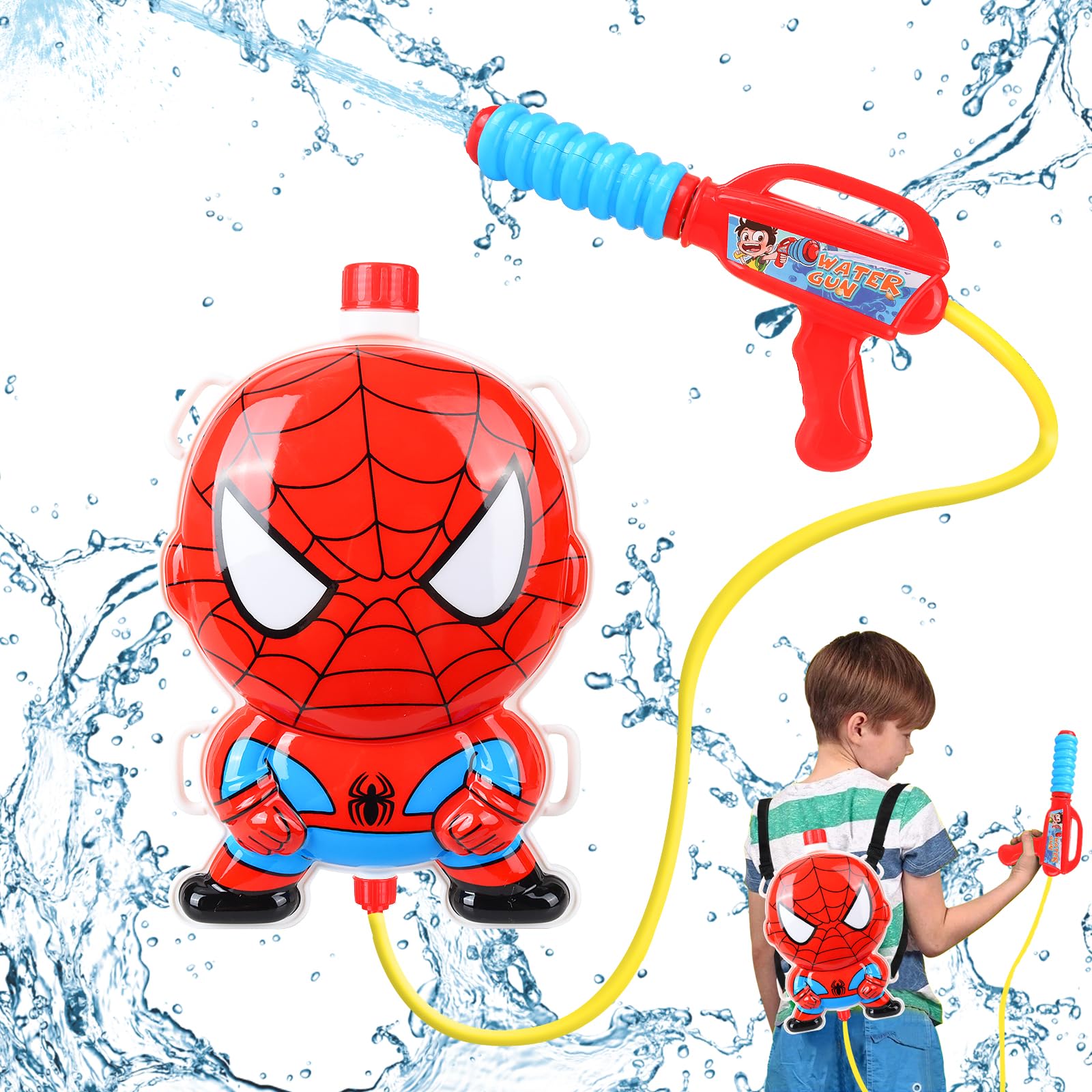 Pistola de Agua con Mochila para Niños, Spiderman Pistolas de Agua - 1300ml Alta Capacidad Pistola de Agua, Alcance 10 m, Juguetes Acuáticos de Fiesta de Verano para Piscina, Playa