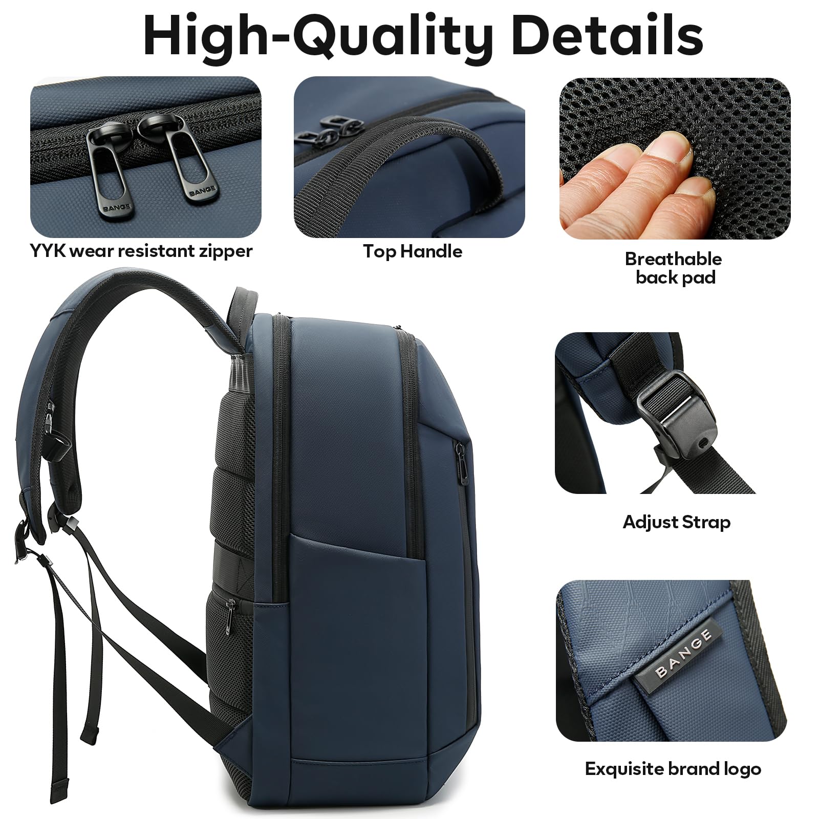 BANGE Sac à dos professionnel pratique pour hommes et femmes, pour ordinateur portable jusqu'à 15,6 pouces, étanche, idéal pour le travail, les déplacements et les voyages, format cabine, bleu