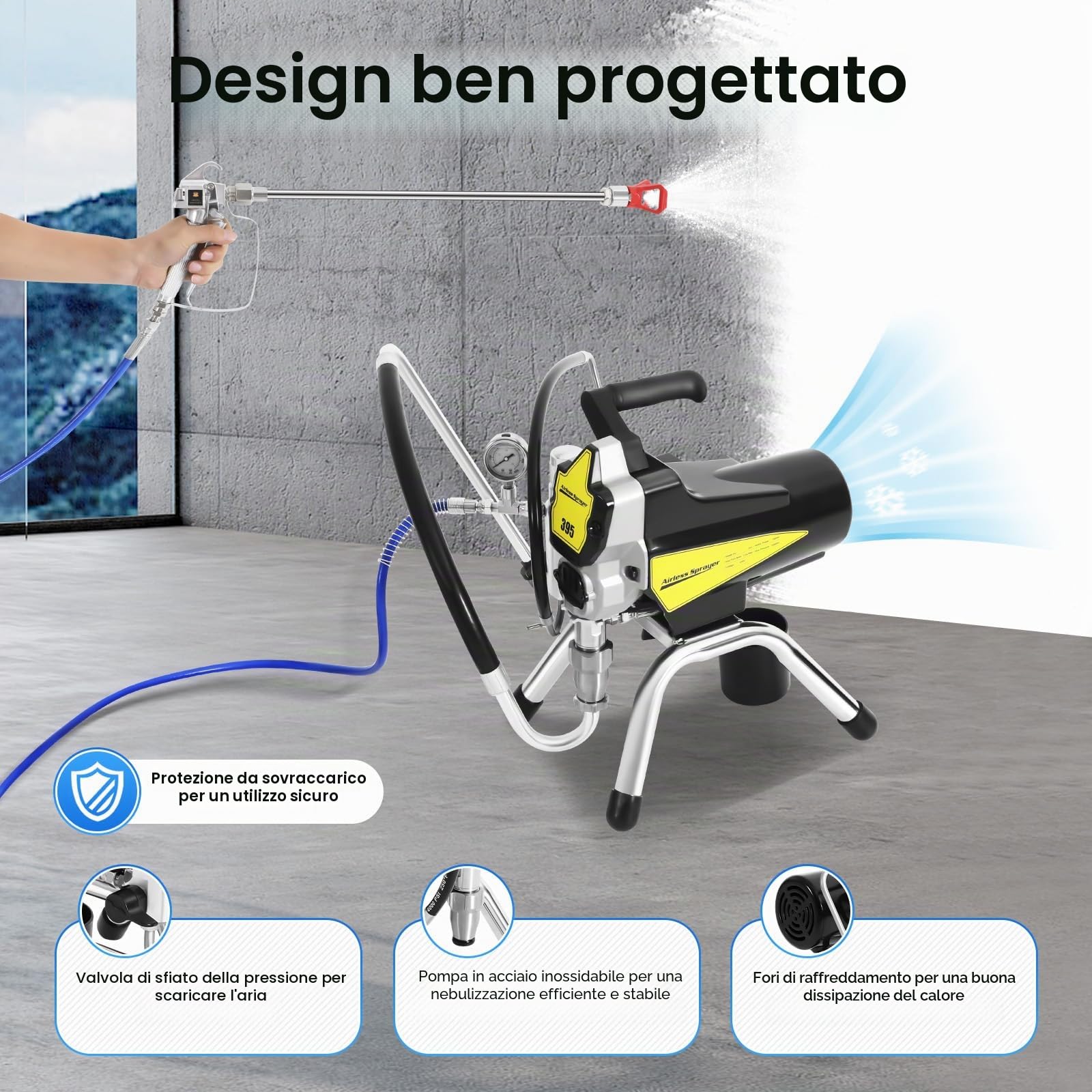 Airless, 2200 W, sistema di verniciatura a spruzzo, 2,5 l/min, 3000 PSI, dispositivo airless ad alta pressione, 30 cm di larghezza, con ugello e asta di prolunga