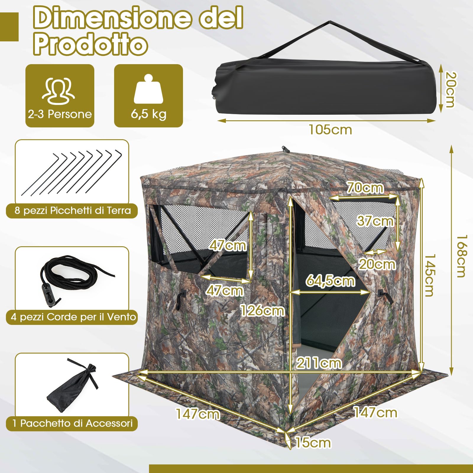 COSTWAY Tenda da Caccia Portatile a 270 Gradi Trasparente, Tenda a Caccia per 2-3 Persone con Finestre Scorrevoli Silenziose, Borsa per Trasporto