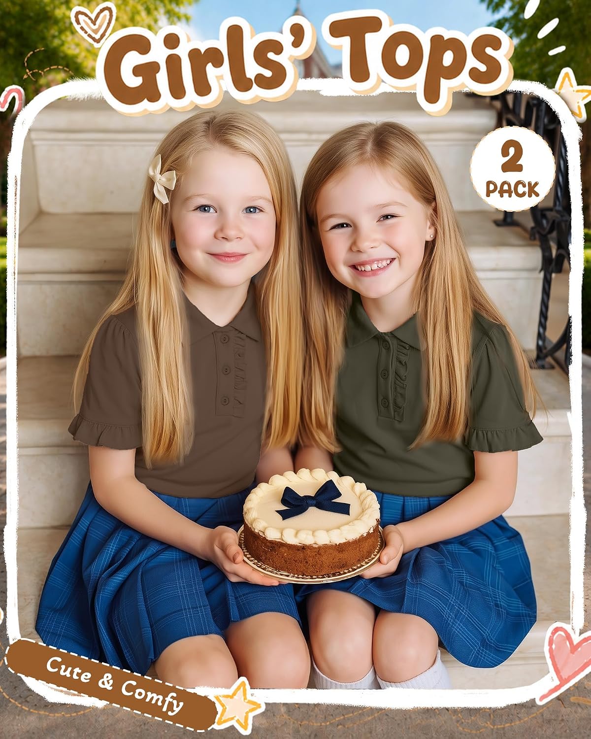 2 Pack Girls' Ruffle Polo Shirts