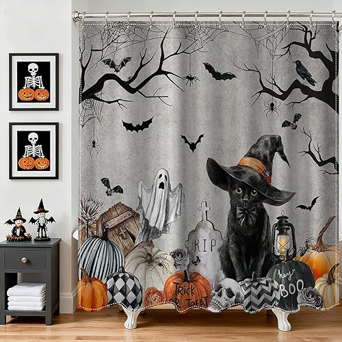 Cortina de ducha de Halloween, estilo vintage, con diseño de gato negro, calabaza, fantasma, con 12 ganchos, murciélagos espeluznantes, arañas,