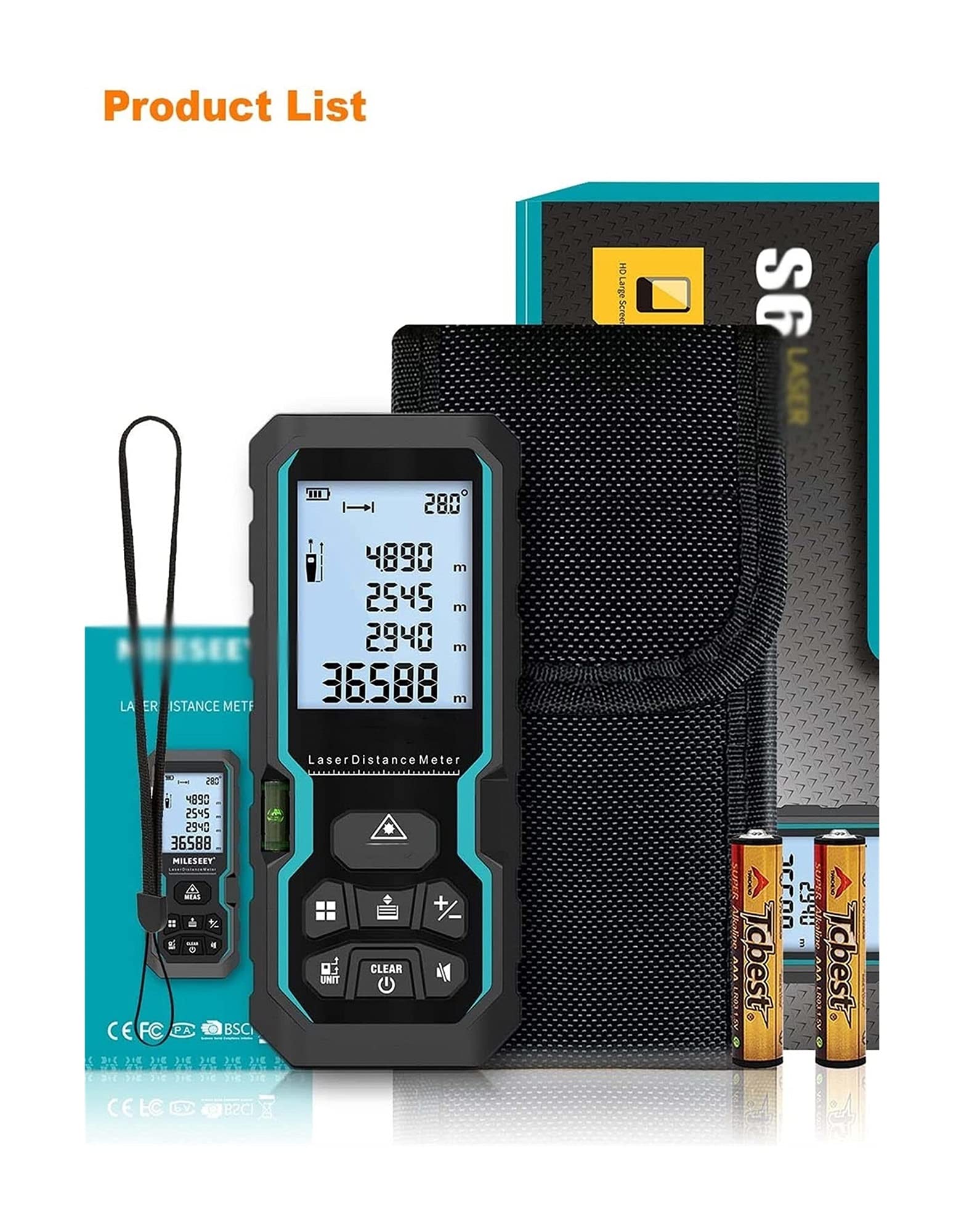 Compteur de distance sensible à la lumière 100m Mesurer la lumière étanche avec capteur d'angle électronique Mesure portable avec niveau de bulle avec écran LCD 4 lignes pour la zone de mesure Volume