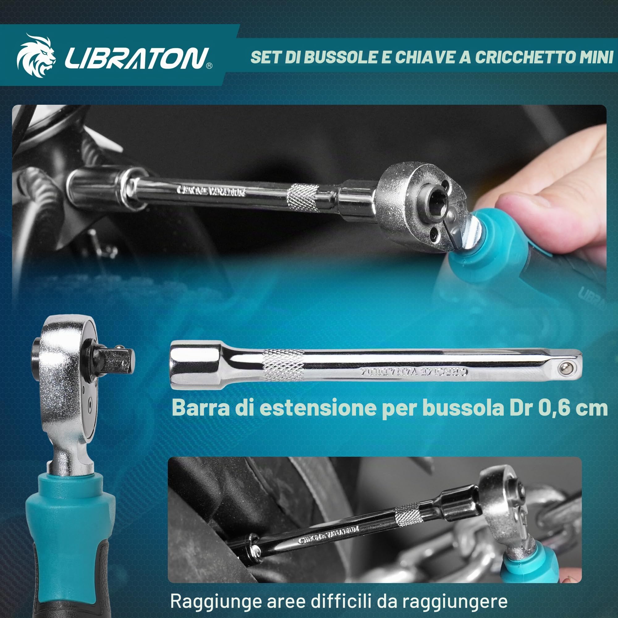 LIBRATON Set di 37 mini chiavi a bussola e cricchetto da 1/4" con punte, prese poco profonde da 4-13 mm, manico magnetico, barre di estensione e giunto universale, con custodia per fai da te