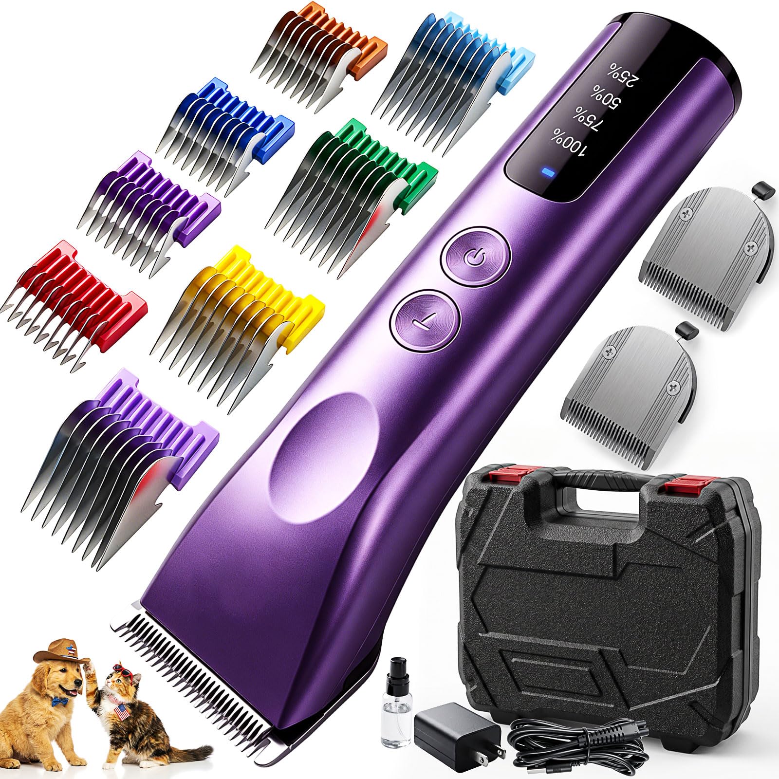 Tosatrice professionale per cani, kit per toelettatura animali domestici a 2 velocità, con 2 lame staccabili, 8 pettini in metallo, silenzioso, resistente, senza fili, per tutti i cappotti