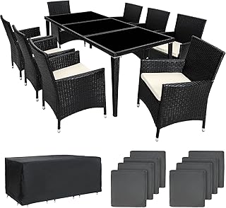 TecTake SET DI MOBILI DA GIARDINO ALLUMINIO POLI RATTAN ARREDAMENTO ESTERNO SEDIE TAVOLO 8+1 NERO + 2 SET DI RIVESTIMENTI, viti in acciaio inox - disponibile in diversi colori - (Nero)