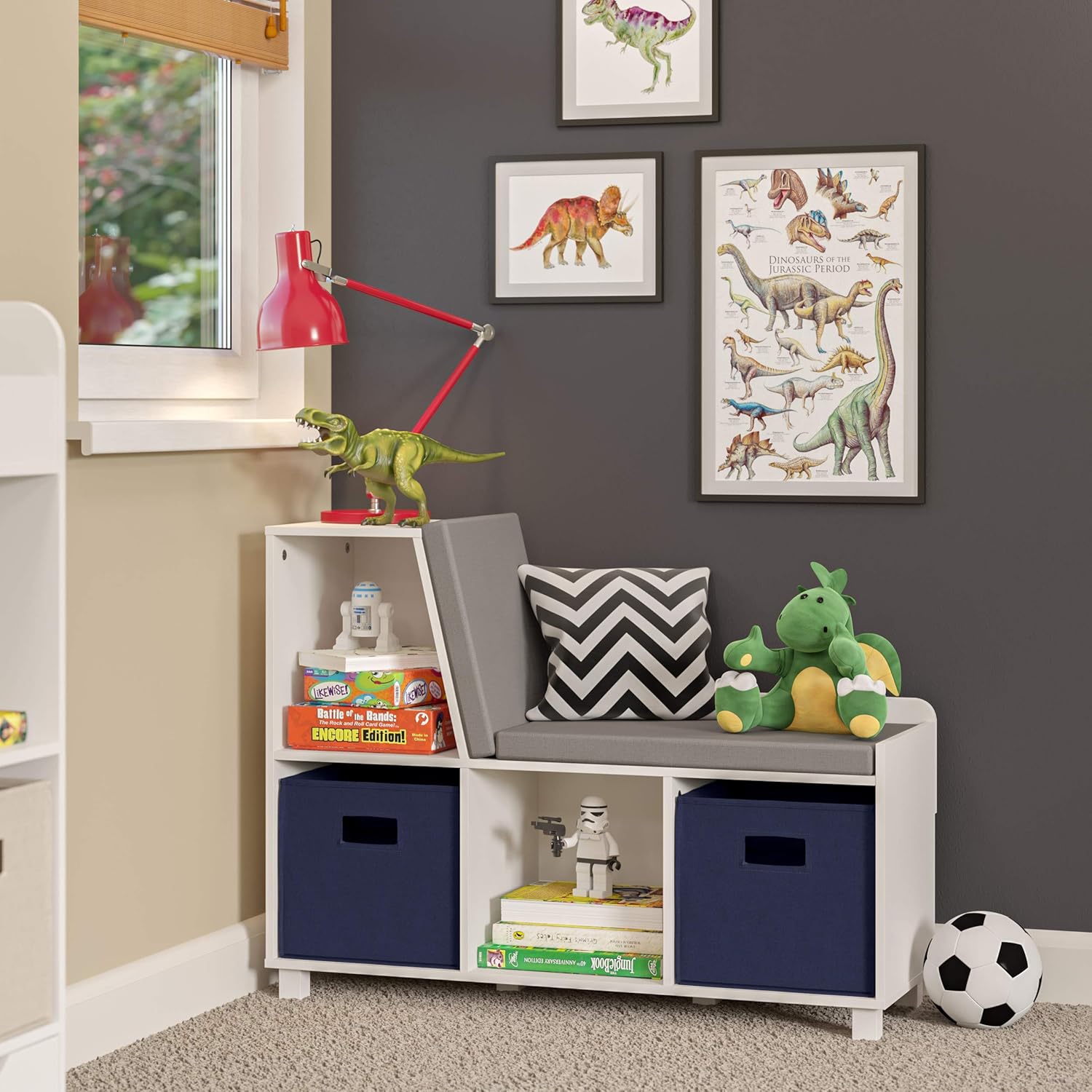 Navy Cubby Kids Storage Bench with Cushion and Bins