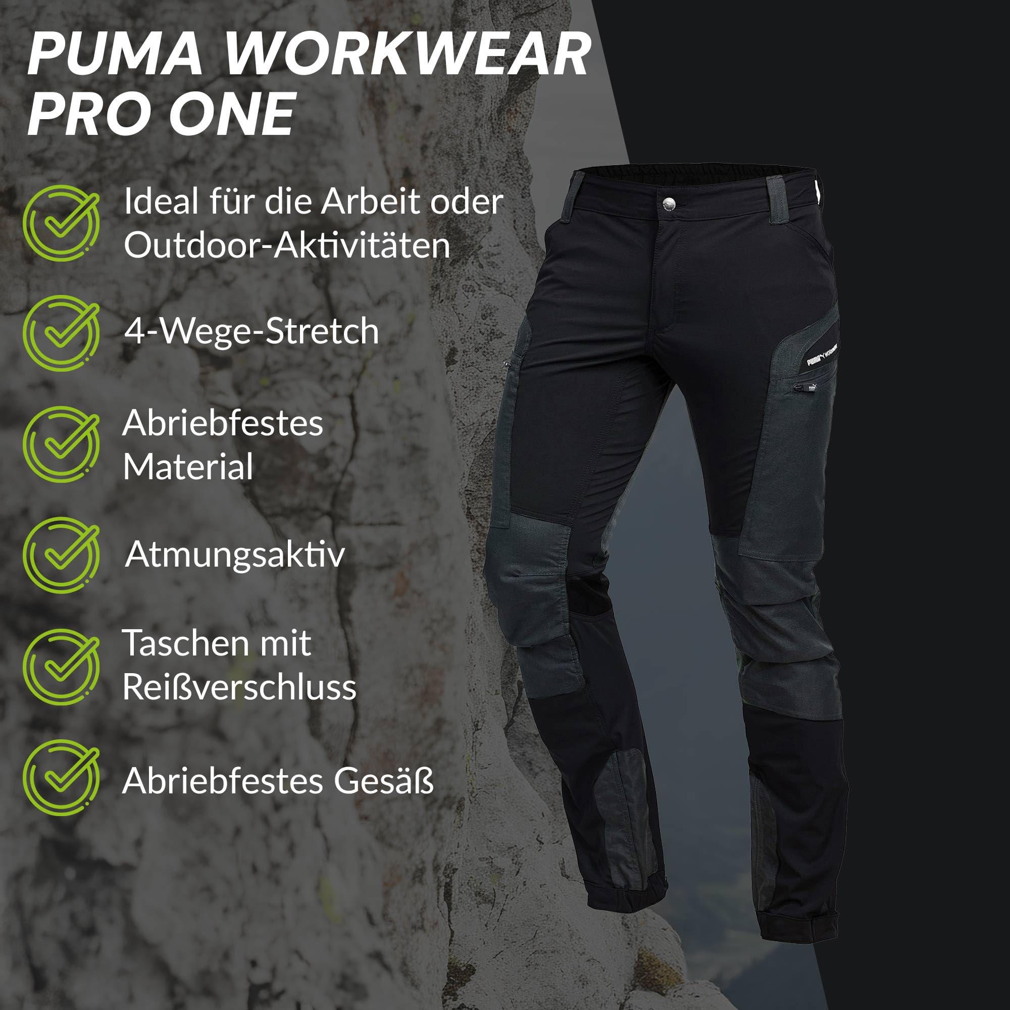 PUMA Workwear Pro-One Wanderhose Herren - Robuste Outdoor Hosen für Herren - Mit verstärktem Nylon für Langlebigkeit - Trekkinghose mit 4-Wege-Stretch - Verstellbarer Knopfleiste