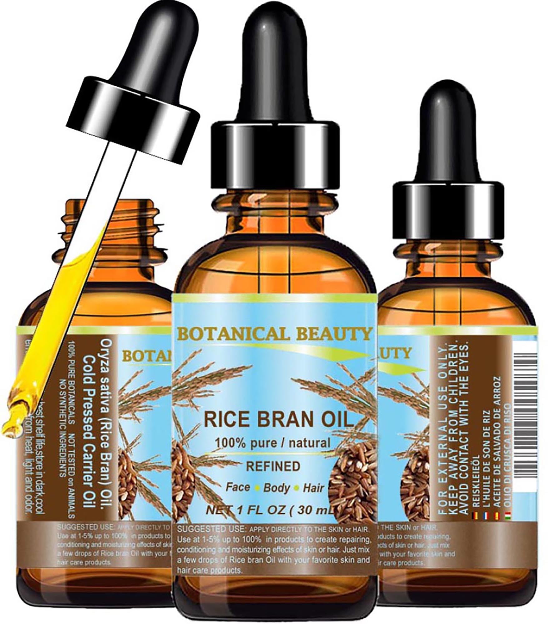 Botanical Beauty RICE BRAN OIL 100% Pure Natural Refined Undiluted Cold Pressed Carrier Oil for Face, Skin, Body, Hair, Massage, Nails. (1 Fl Oz)