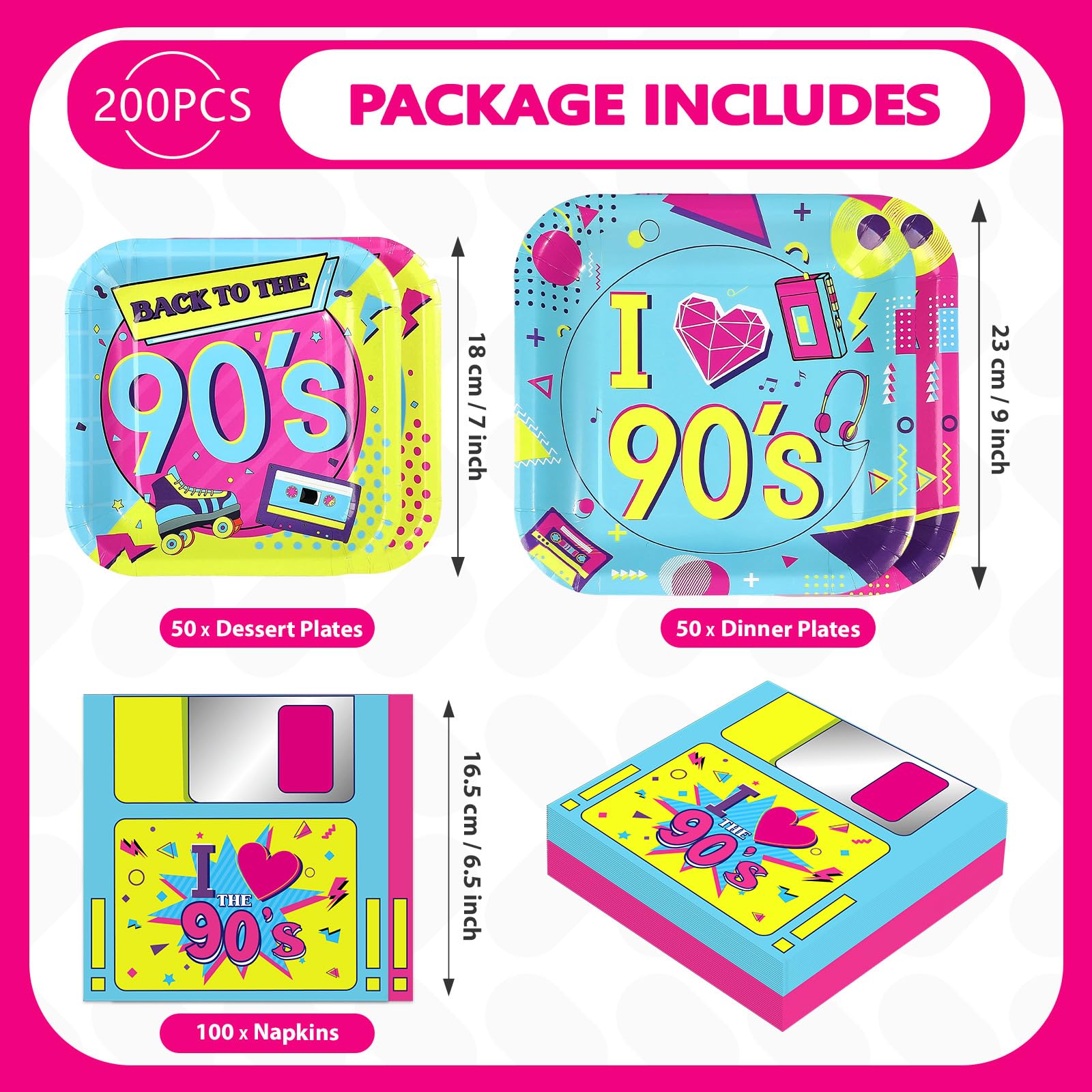 200 Stück 90er Jahre Party Dekorationen Retro Bunte Hip Hop Teller und Servietten Back to the 90's Geschirr Sets für Disco Geburtstag Retro Musik Thema Hip Hop Party Supplies Serves 50