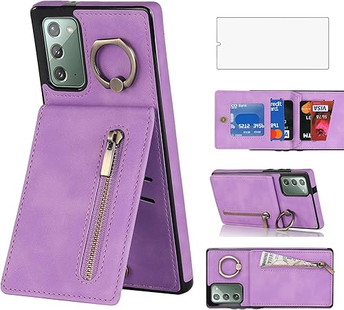 Asuwish Funda de teléfono para Samsung Galaxy Note 20 5G con protector de pantalla de vidrio templado y cremallera RFID tarjetero soporte de anillo