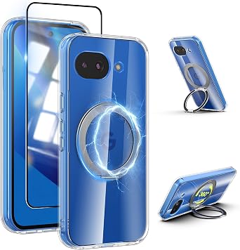 Cresee Case for Google Pixel 10a + Screen Protector, 360 Magnetic Ring Stand [Compatible with Magsafe & Pixelsnap] [Anti-Yellowing] Clear Hard Back + TPU Bumper Shockproof Phone Cover - Transparent