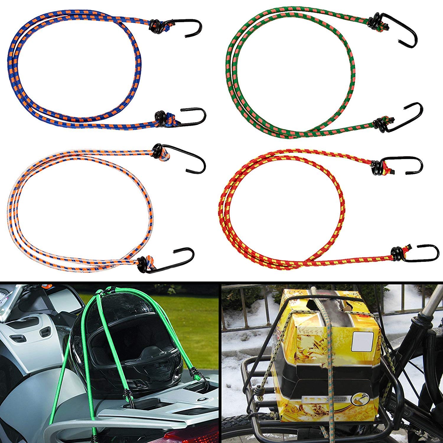SARTHAK® High Strength Elastic Nylon and Polyester Bungee/Shock Cord Cables for Bikes, Multi Color Luggage Strap Tying Rope with Hooks (Set of 3-4FT Each) 3