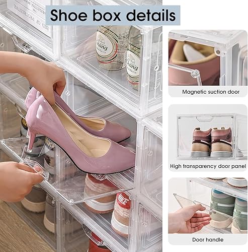 Miniatura 4 de Cajas de almacenamiento de zapatos transparentes apilables, 9 paquetes de organizadores de zapatos para armario, caja de tenis, ajuste fuerte y