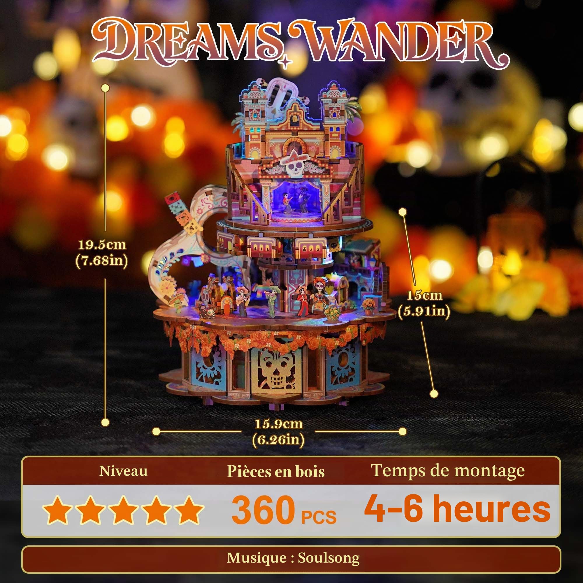 Tonecheer Boîte à Musique en Bois pour Adultes, kit de boîte à Musique rotative 3D - Puzzle Musical créatif - Kit de Construction de modélisme - Décoration de Bureau - Anniversaire（Rêve Errant）