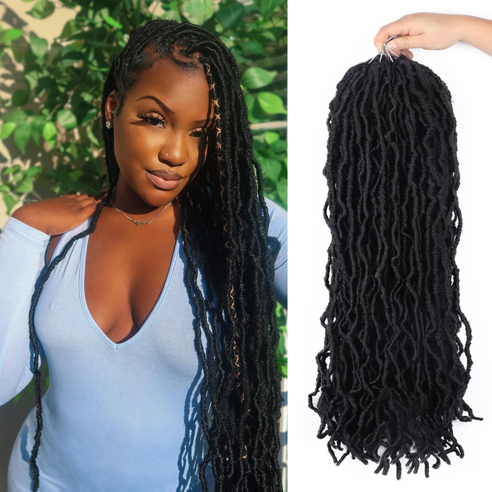 7Packs New Faux Locs 24 Inch Crochet Hair Soft Locs Curly Wavy Pre-Looped Faux Locs Goddess Synthetic Fiber Hair Extensions (24Inch,1B)
