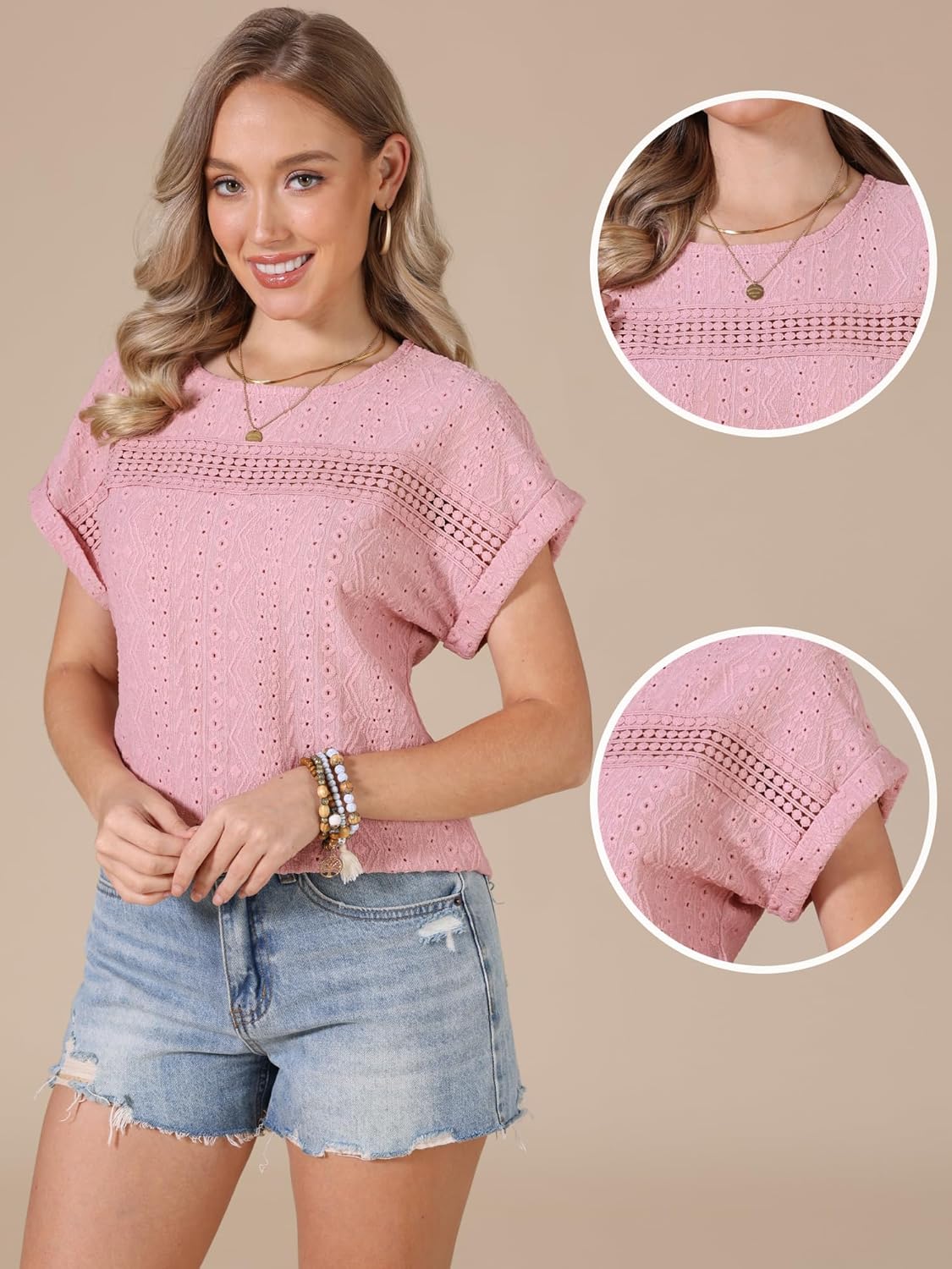 Allegra K Eyelet Tops for Women's Short Sleeve Hollow Out Summer Dressy Casual Top - Image 4