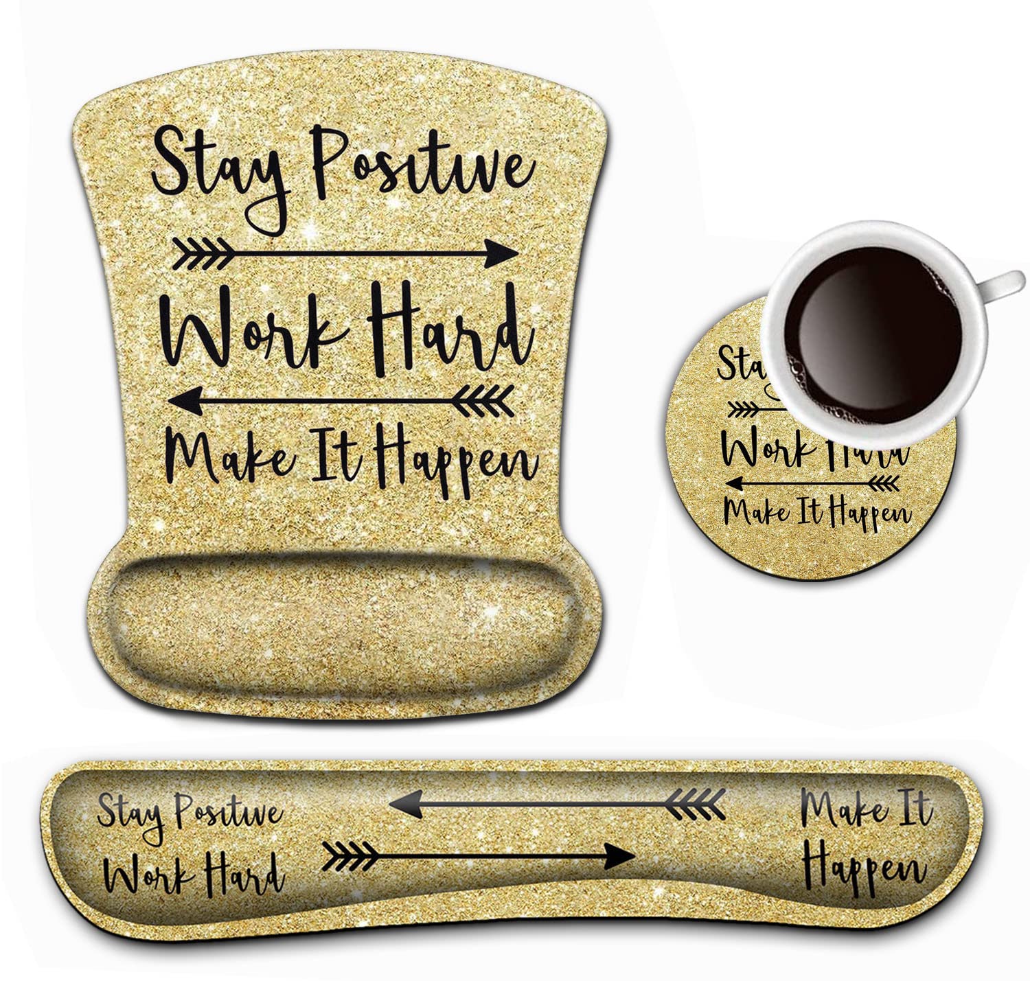 Keyboard Wrist Rest and Mouse Pad Wrist Support Set,Stay Positive Work Hard and Make It Happen Gold Ergonomic Gel Mouse Pad,Easy Typing Pain Relief,