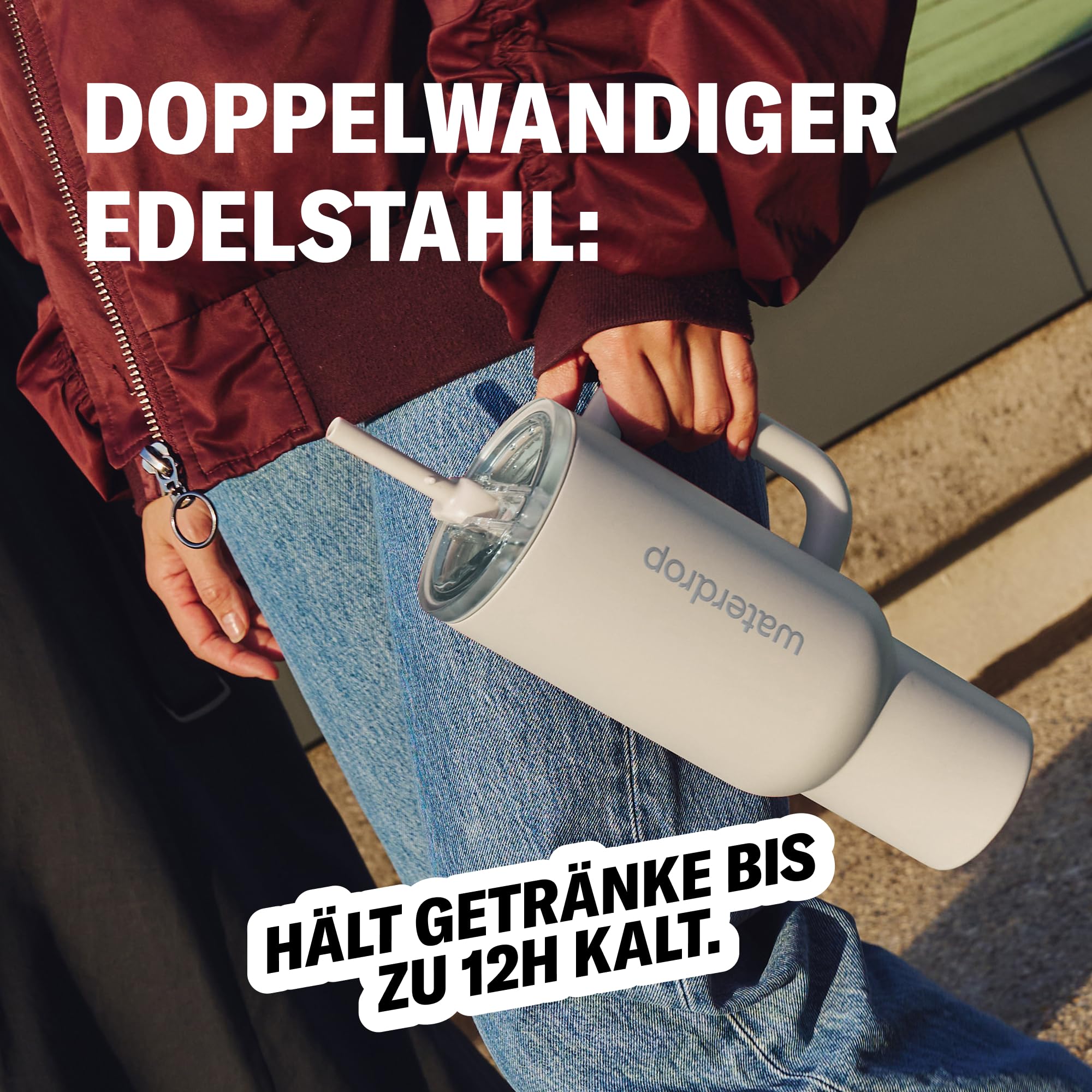 waterdrop® Thermobecher 1,1L isolierte Edelstahlflasche auslaufsicher 12h kalt
