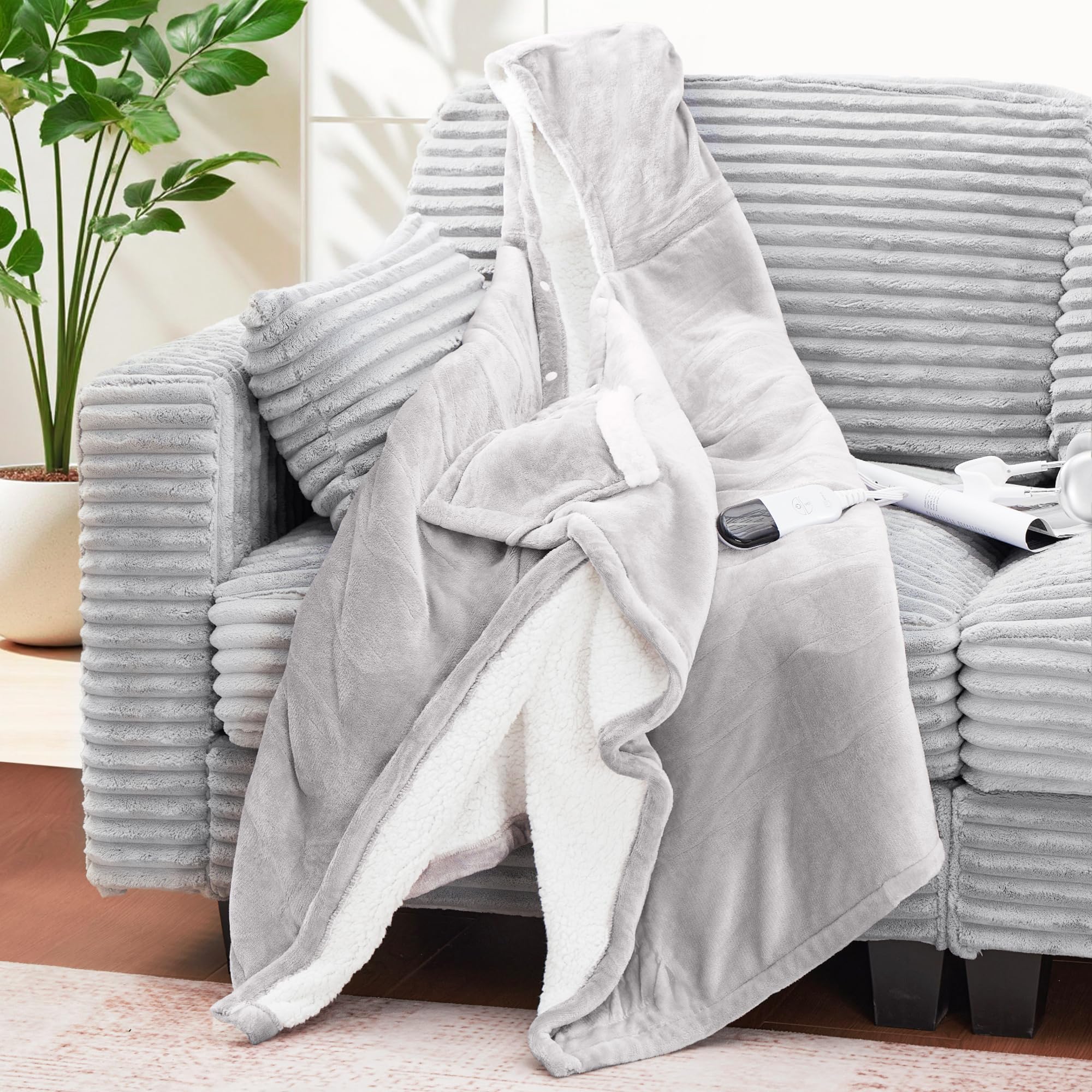 YILOTE Electric Blanket Wearable Throw - Robe with Sleeves and Foot Pockets - 7-Level Heating Auto-Off Blanket for Adults: Light Grey 40*70