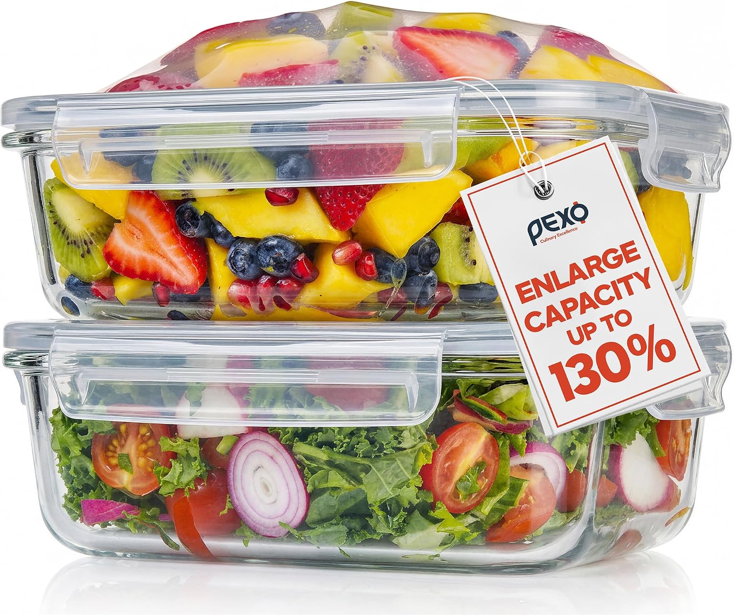 PEXO 2 Pack 63 oz (1.59QT) Large Glass food Storage Containers with Expandable Airtight Lids, Rectangular Meal Prep Containers, Microwave, Freezer and Dishwasher Safe, BPA Free
