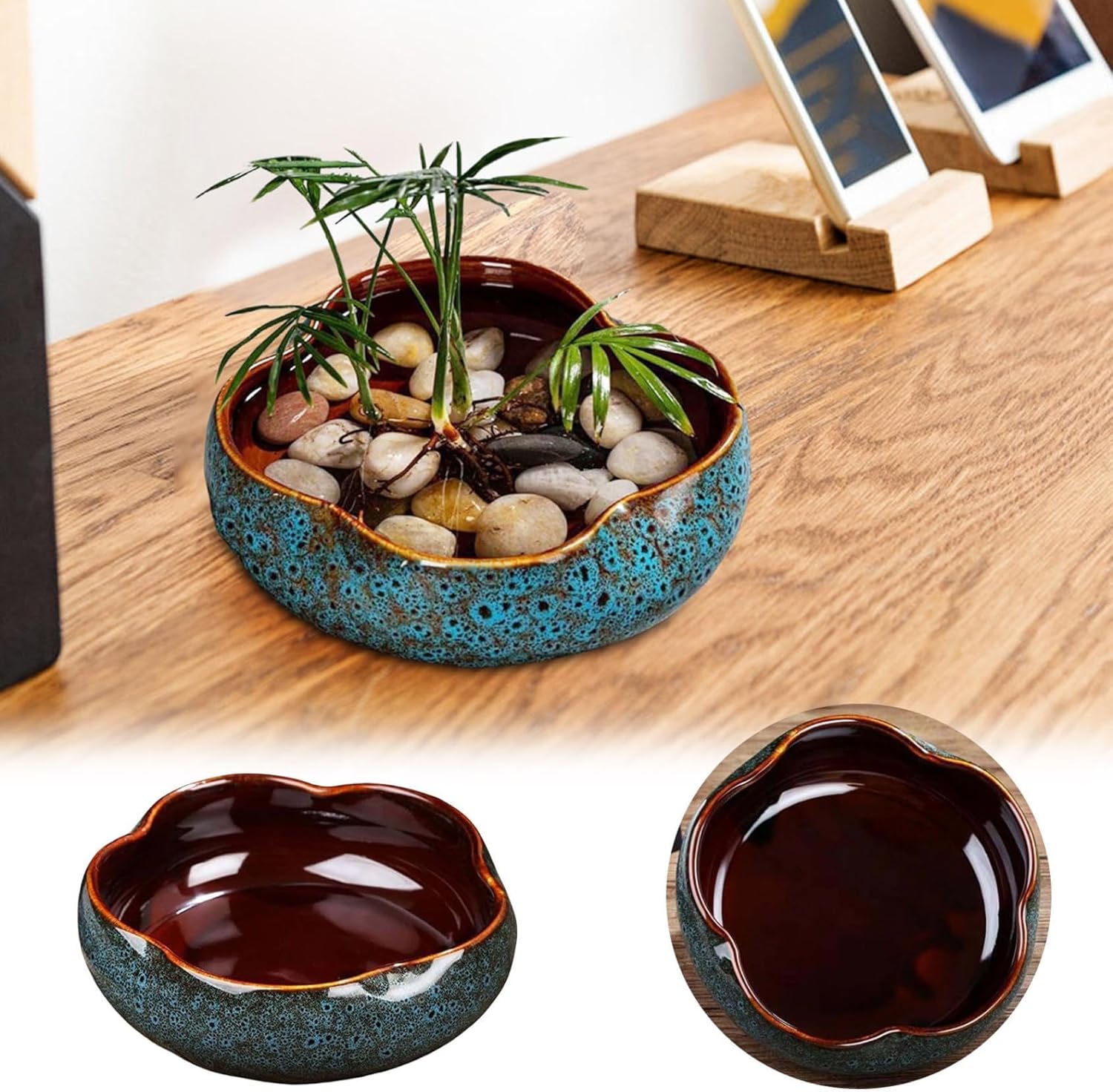 Lotus Bowl Planter, Lotus Bowls for Planting in Water Indoors, Bonsai Bowl Lotus Flower Seeds, Ceramic Planters for Indoor Plants, Leak-Proof Design for Succulent Plants Fish Home Decor (Blue)