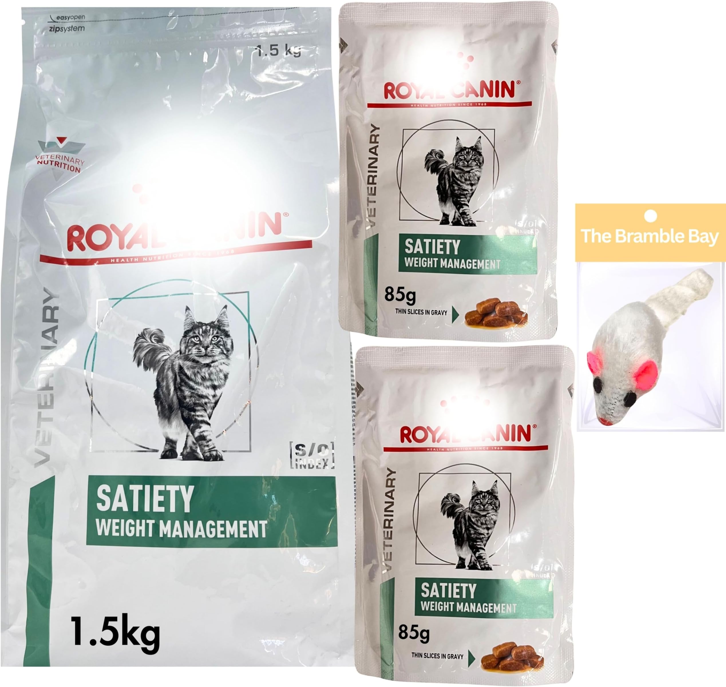 Satiety Weight Management Cat Food Bundle includes Dry Food 1.5kg, Wet food pouches 85g x 2 and a mouse Toy