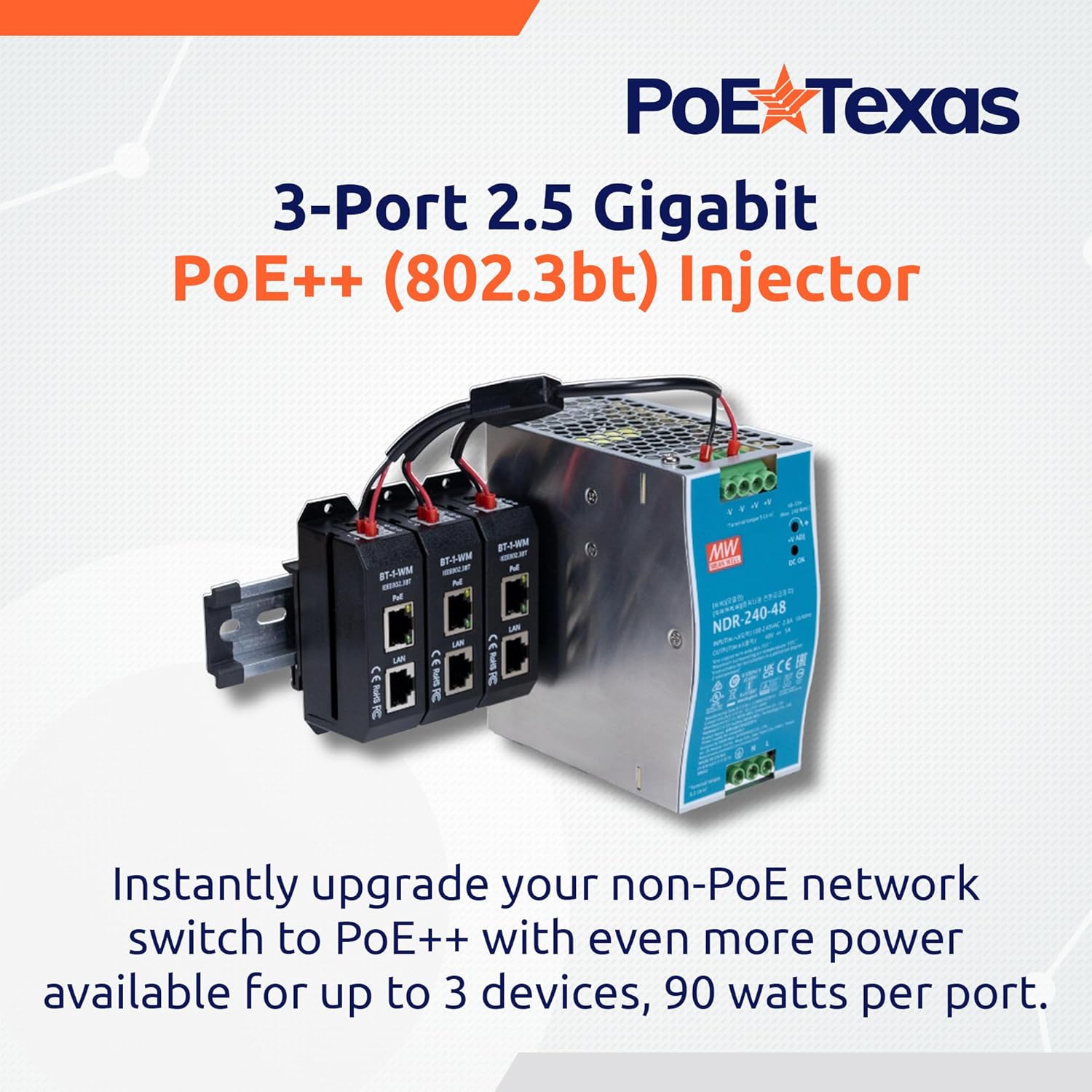 PoE Texas 3-Port 2.5 Gigabit PoE++ Injector with 90W Per Port, Up to 328 Ft - 10/100/1000/2500Mbps Wall Mount or DIN Rail Mount 802.3af/at/bt PoE Injector - Includes 48 Volt 240 Watt Power Supply