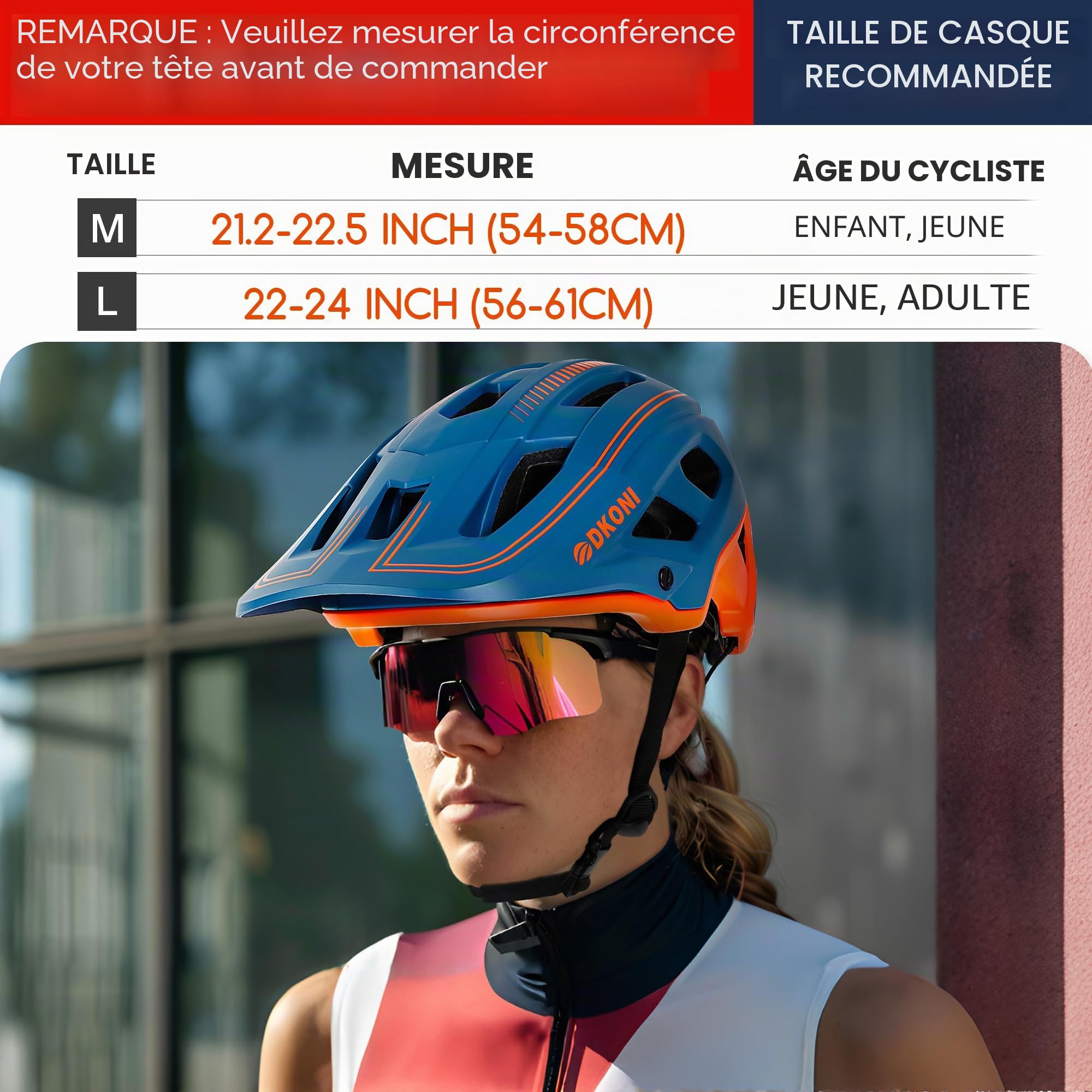 DKONI Casque VTT pour jeunes et adultes, unisexe, léger, ajustable, 54-61 cm, visière et doublures amovibles, 17 grandes aérations