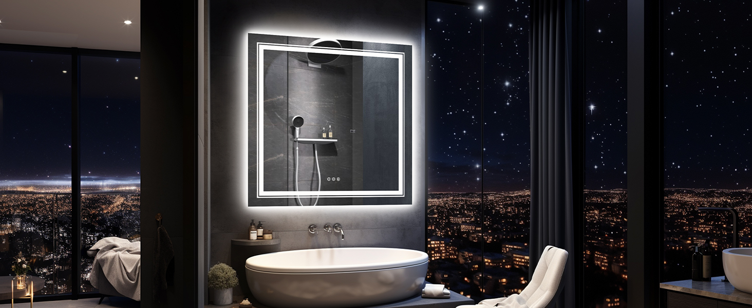 Specchio Da Bagno LED Dimmerabile Quadrato 80 Cm - Touch Control, 3 Colori Luce, Sensore Antiappannamento, Montaggio A Parete, IP44