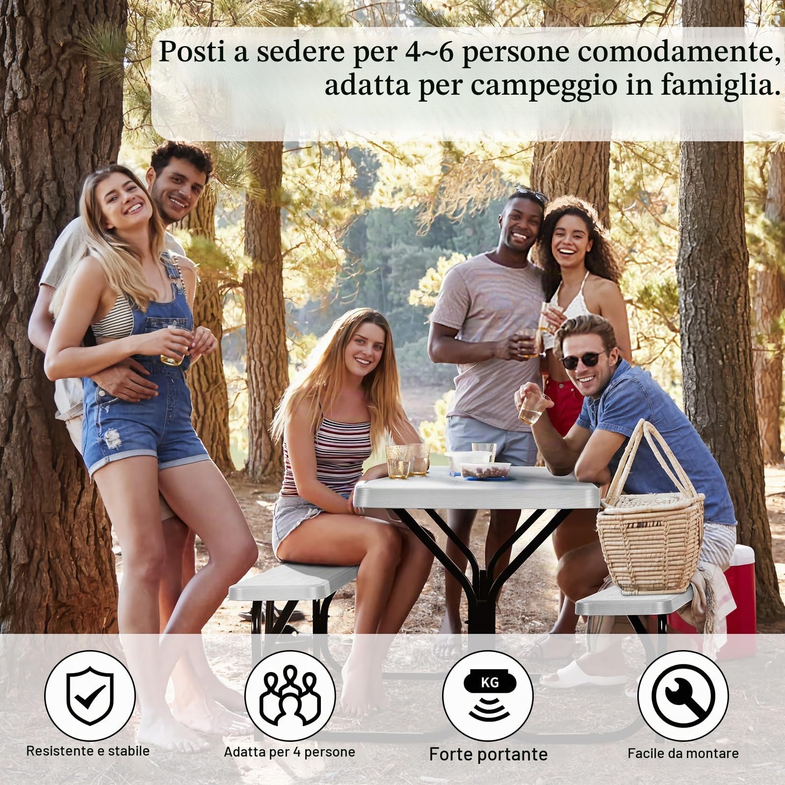 HOMASIS Tavolo e Panche Birreria, Tavolo e Sedie da Esterno, Set di Mobili da Giardino, Panca da Giardino, Tavolo da Picnic con Sedia, Mobile per Bar, Ristorante, 136,5 x 150 x 72 cm (bianco)
