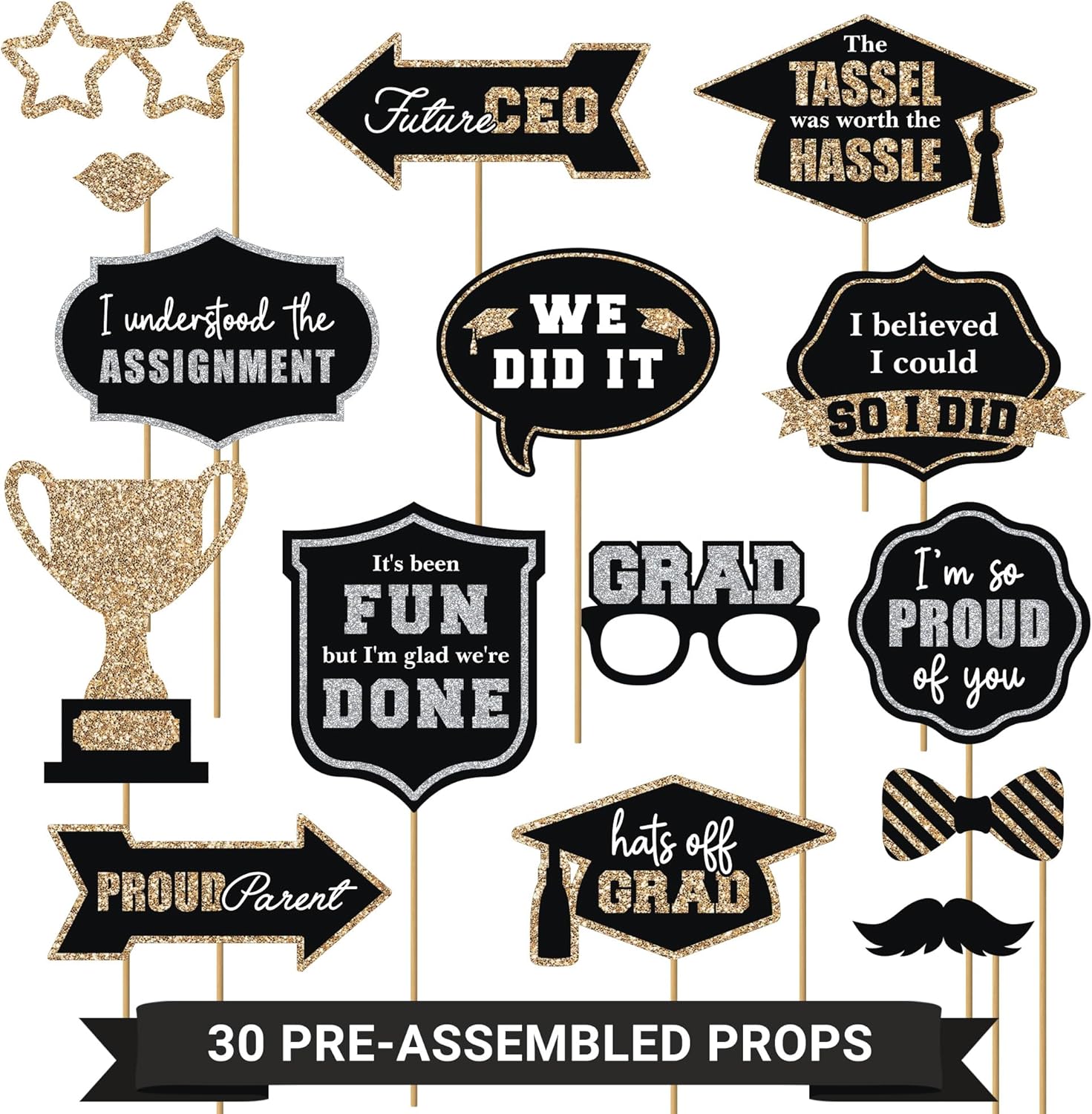 Fully Assembled Graduation Photo Booth Props - Set of 30 - Class of 2026 Graduation Selfie Signs - Congrats Grad Party Supplies & Decorations - with Real Gold & Silver Glitter - Did We Mention No DIY