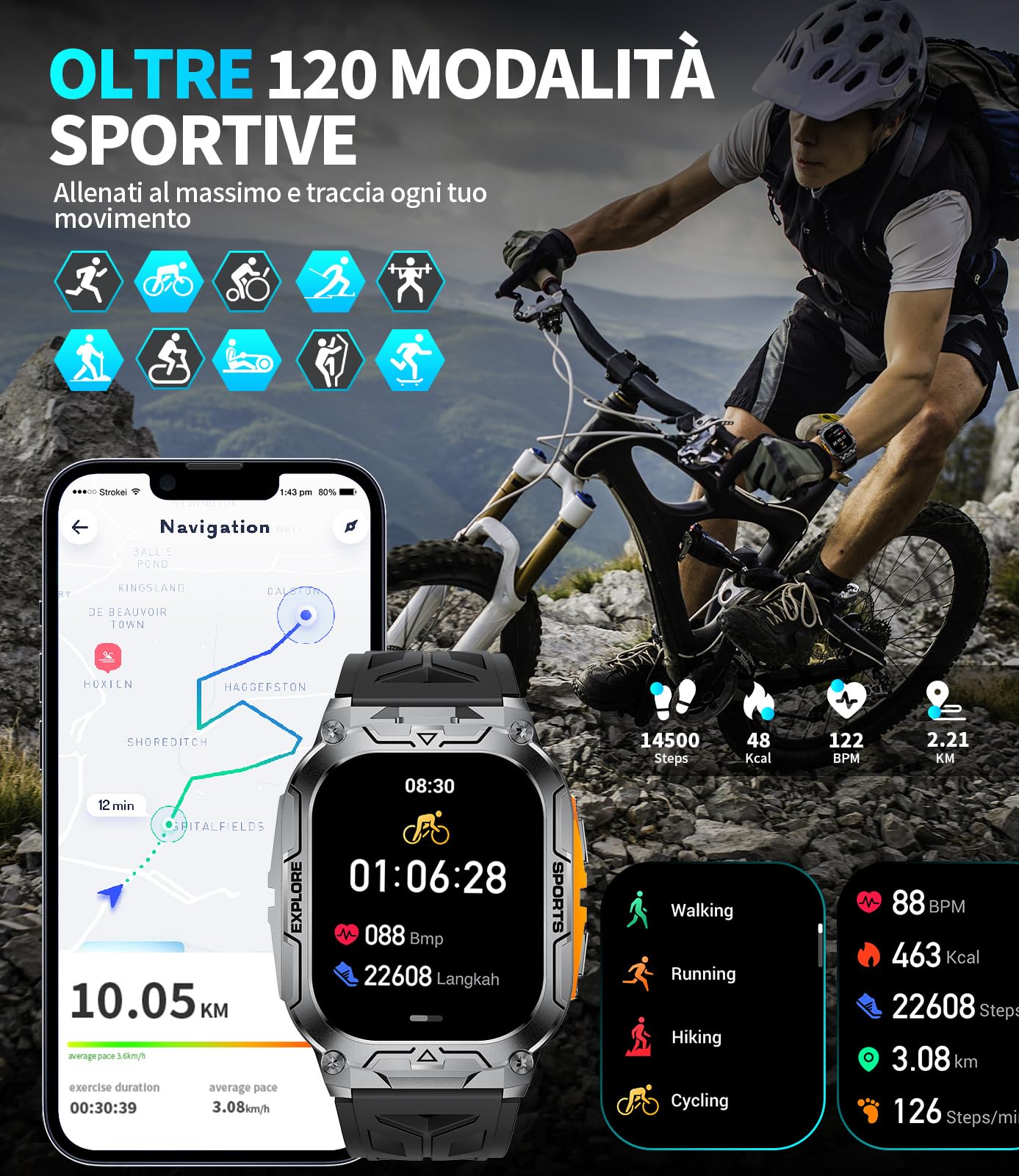 Orologio Smartwatch Uomo, Batteria 1000 mAh con Torcia LED, Orologio Sportivo Display HD 2.01" Quadrato, 100+ Modalità Sport, Impermeabile IP68, Compatibile con Android e iOS (Nero-Arancione)