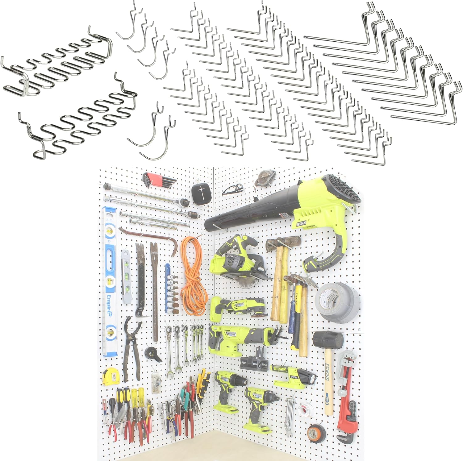 Right-Arrange Peg Board Hooks for Hanging Tools Assortment x2 – Tool Organization Accessories Kit – Organizer Set of 1 inch, 2 inch, 4 inch L Hooks, J Hook, Pegboard Pliers Rack and Screwdriver Holder