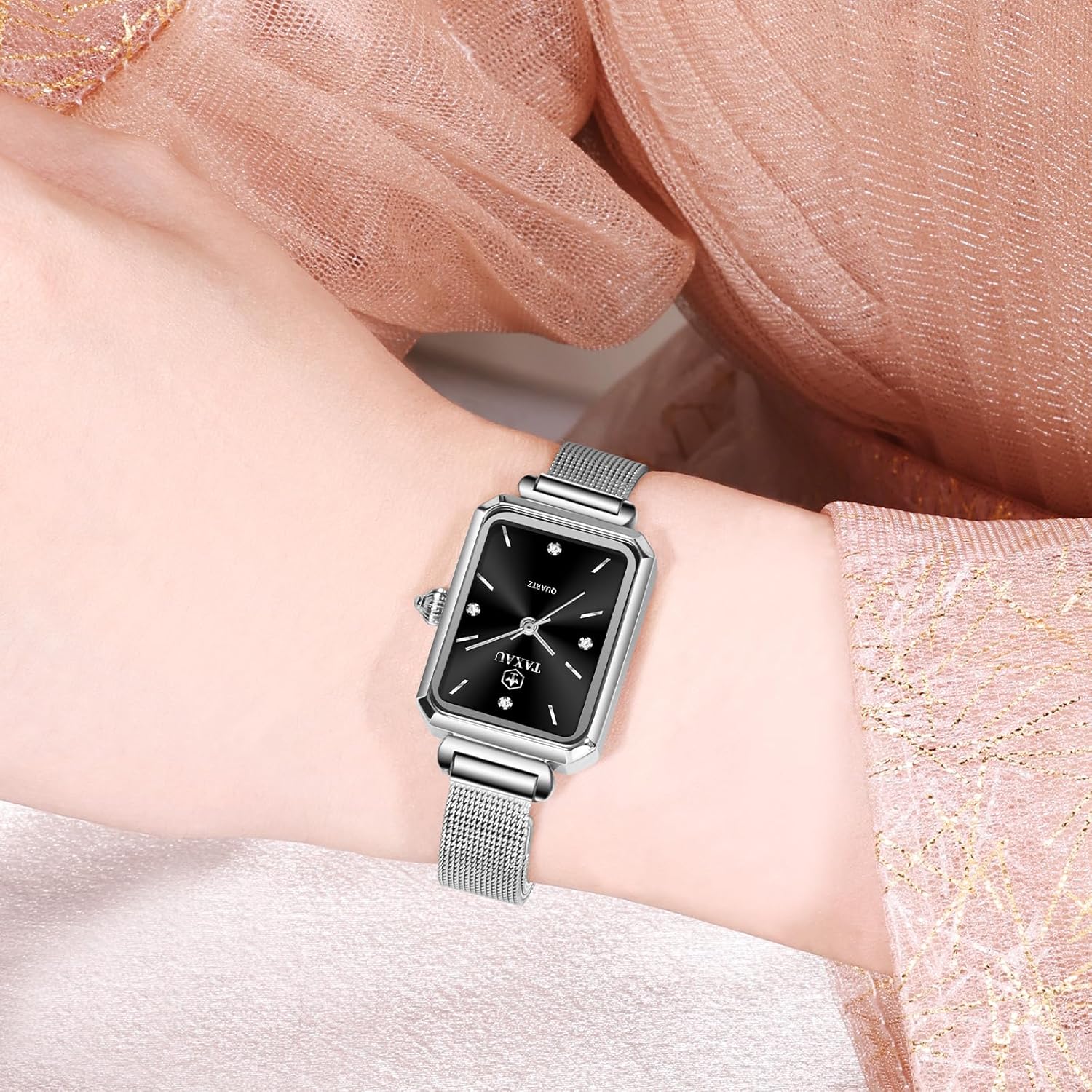 Women's Watches Small Mesh Watch Dress Waterproof Rectangle Ladies Watches Elegant Analog Watch Ultra-Thin Dial, Luxury Diamond, Adjustable Rose-Gold Tone Mesh Band - Image 8