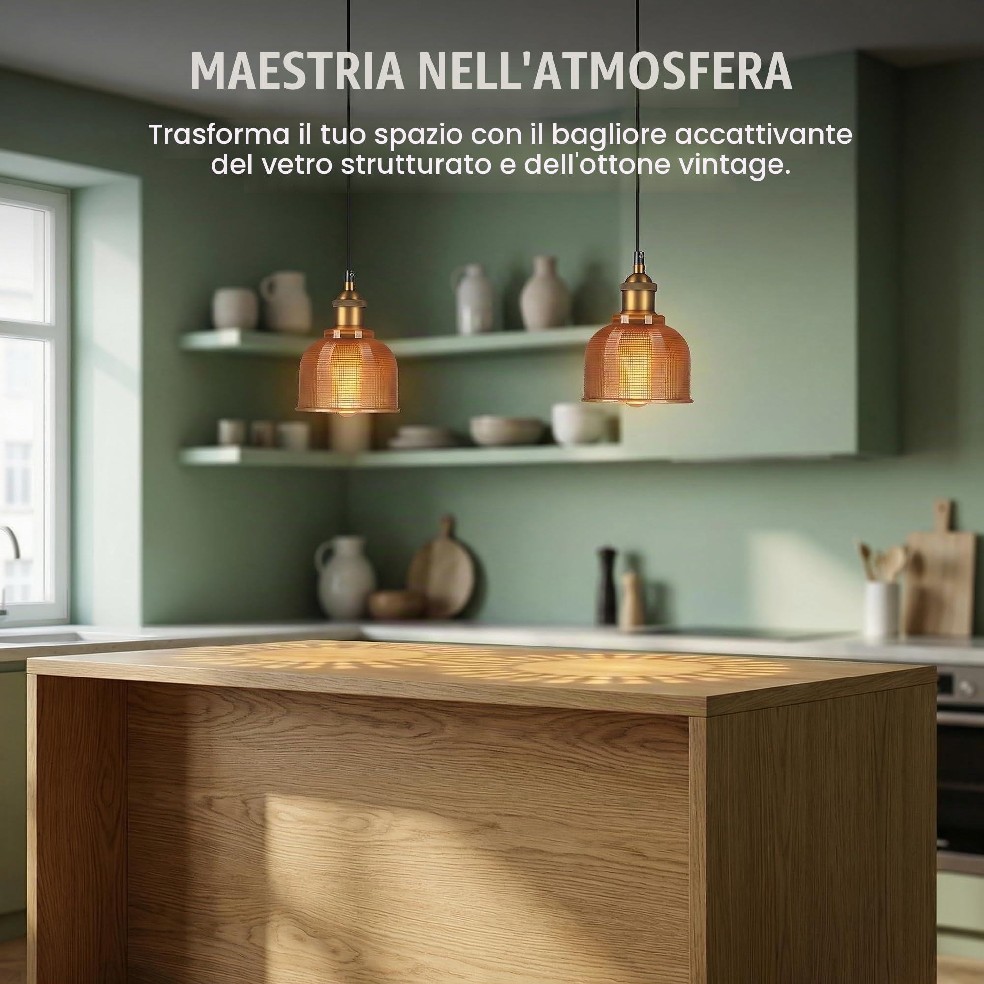 Lampadario Vintage in Vetro Rotondo e Ottone Antico, Industriale E27 Lampada a Sospensione da Soffitto per Cucina, Sala da Pranzo e Caffetteria (Ambra, 15cm)